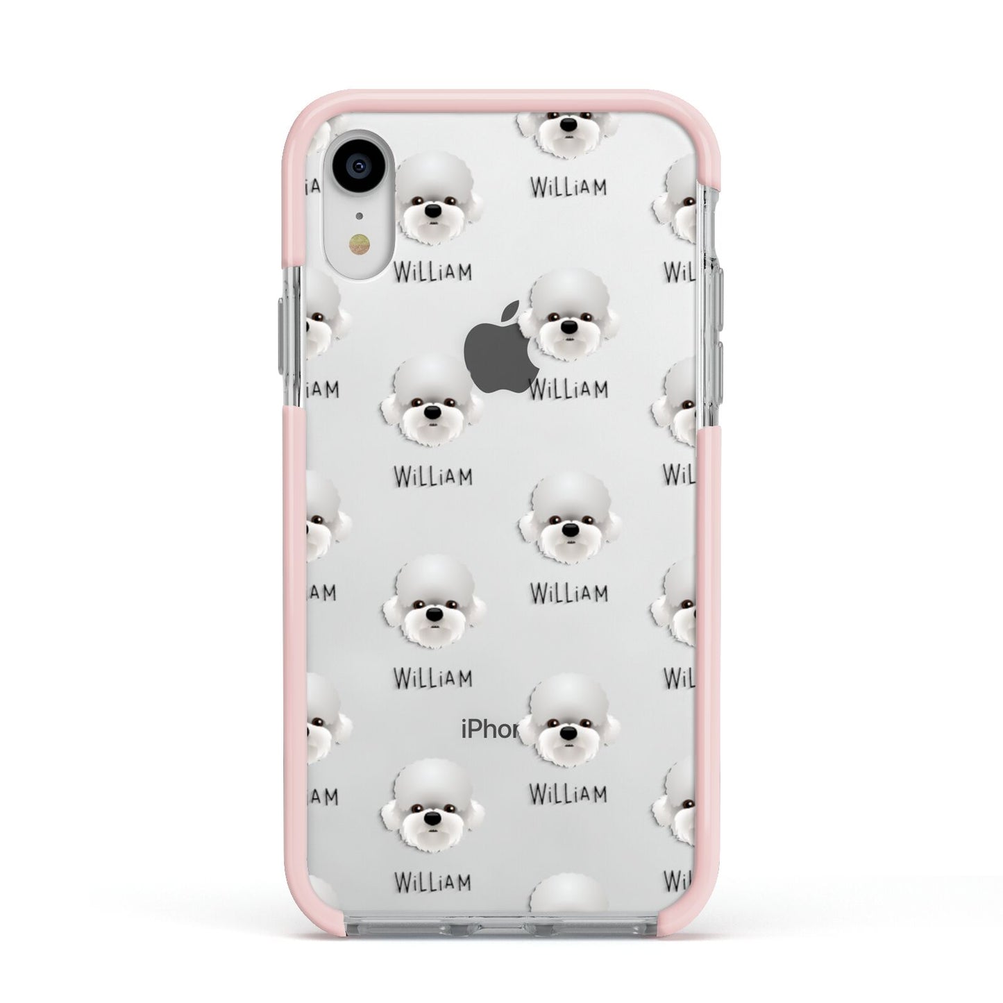 Dandie Dinmont Terrier Icon with Name Apple iPhone XR Impact Case Pink Edge on Silver Phone