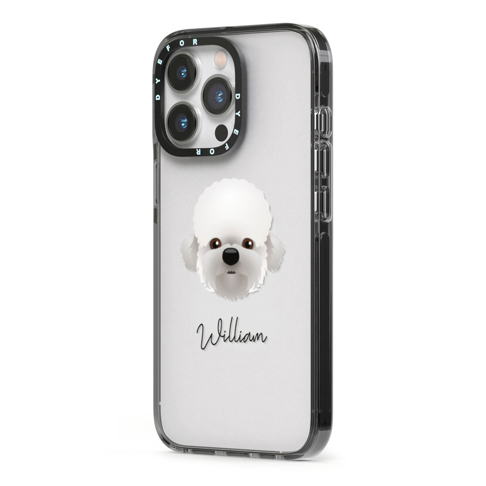Dandie Dinmont Terrier Personalised iPhone 13 Pro Black Impact Case Side Angle on Silver phone