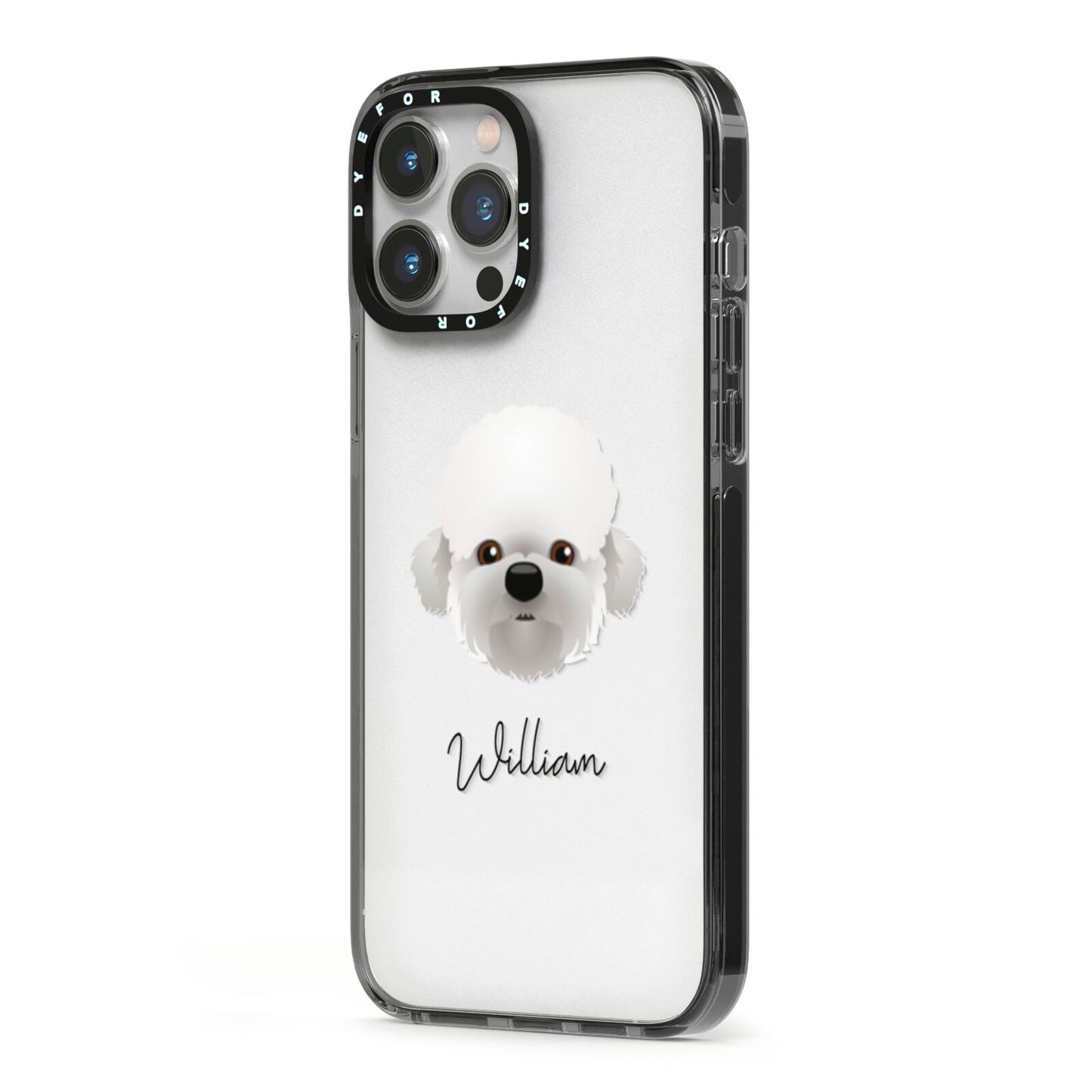 Dandie Dinmont Terrier Personalised iPhone 13 Pro Max Black Impact Case Side Angle on Silver phone