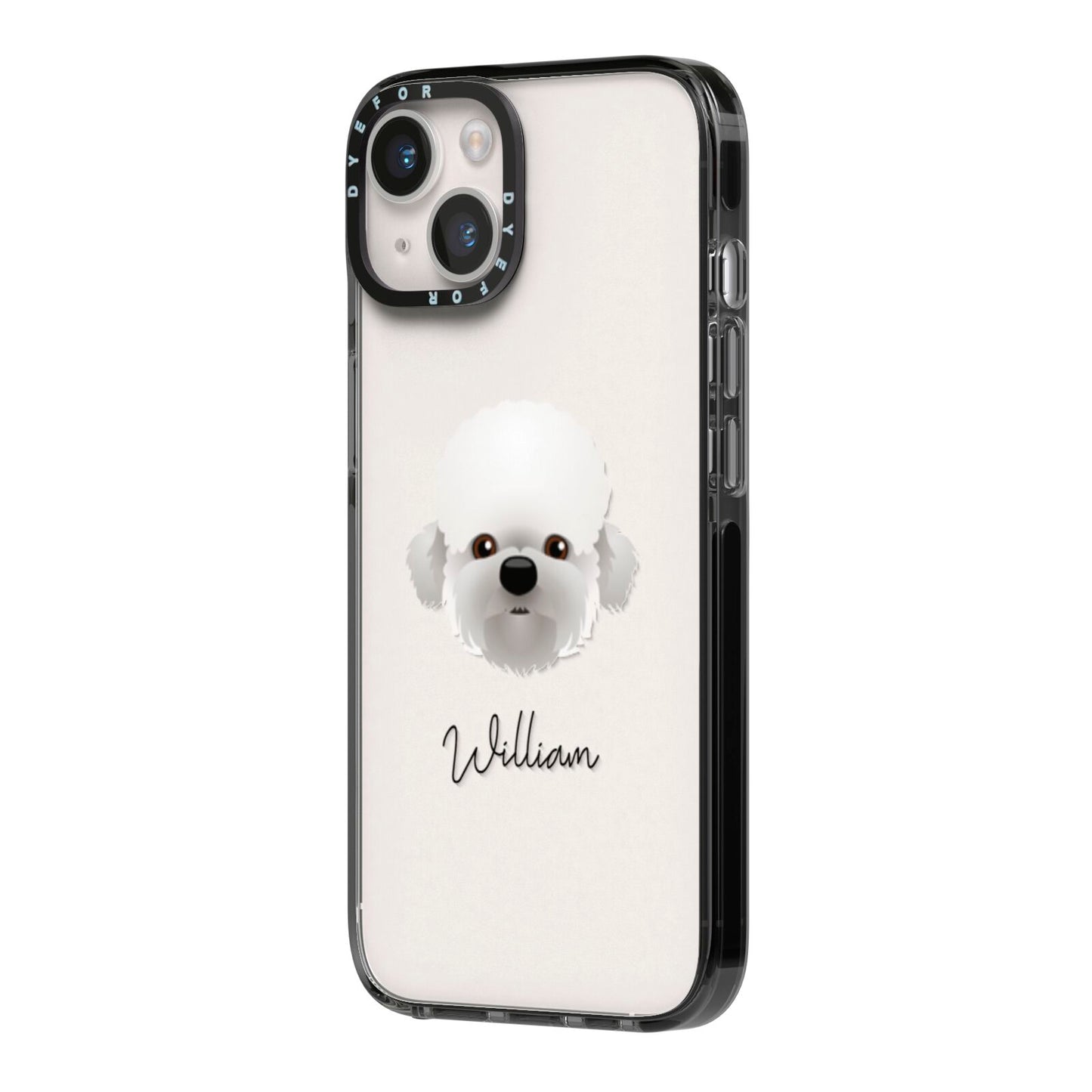 Dandie Dinmont Terrier Personalised iPhone 14 Black Impact Case Side Angle on Silver phone