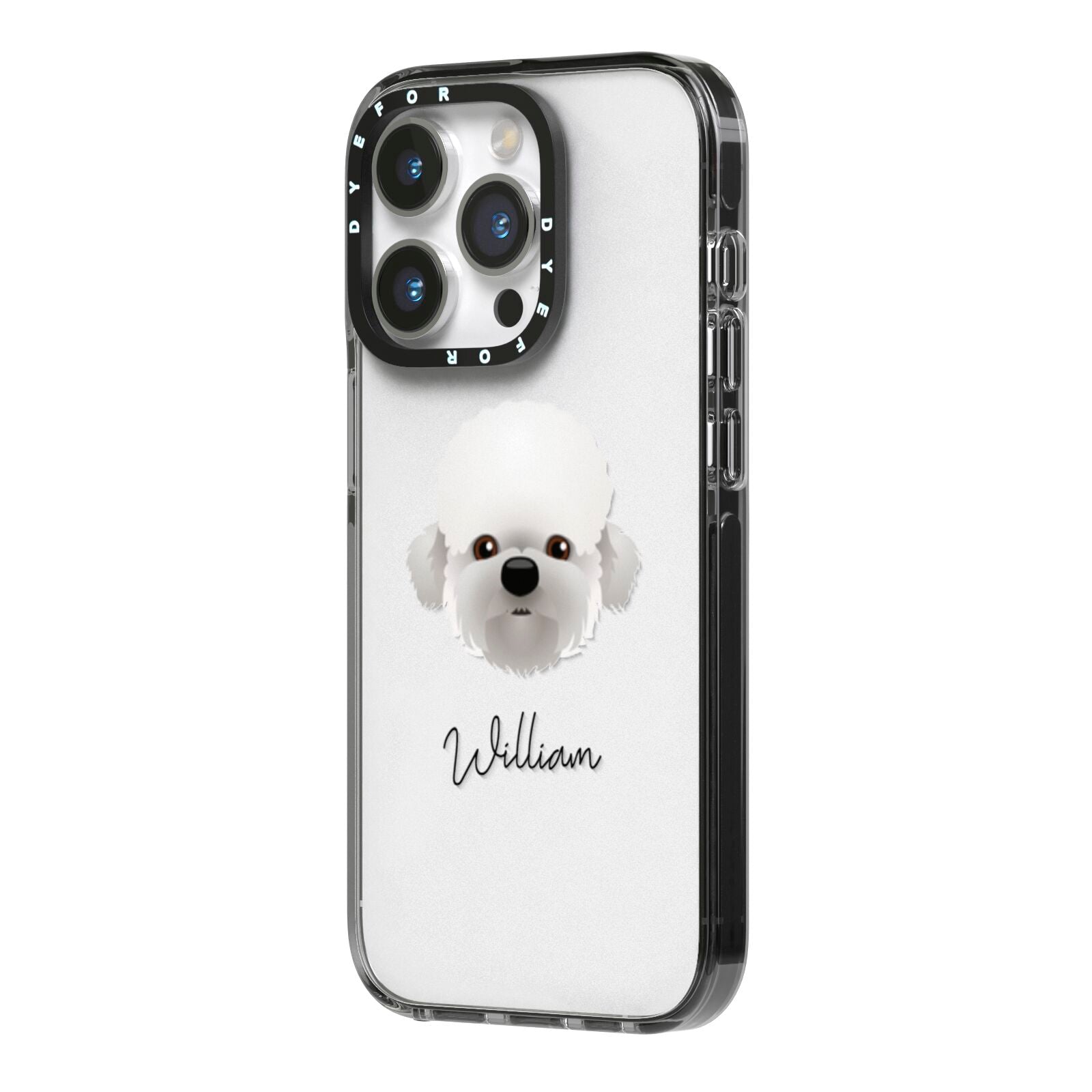 Dandie Dinmont Terrier Personalised iPhone 14 Pro Black Impact Case Side Angle on Silver phone