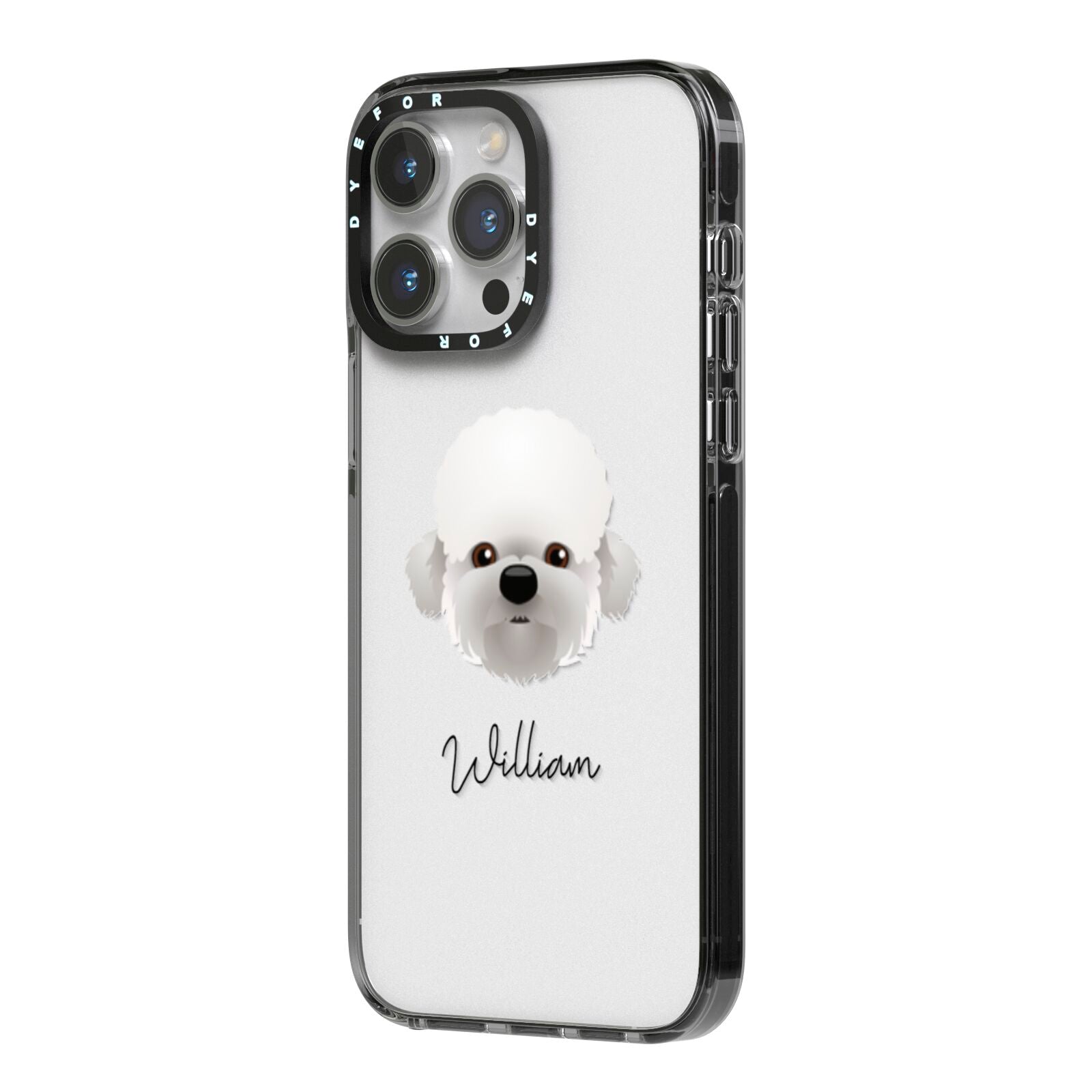 Dandie Dinmont Terrier Personalised iPhone 14 Pro Max Black Impact Case Side Angle on Silver phone