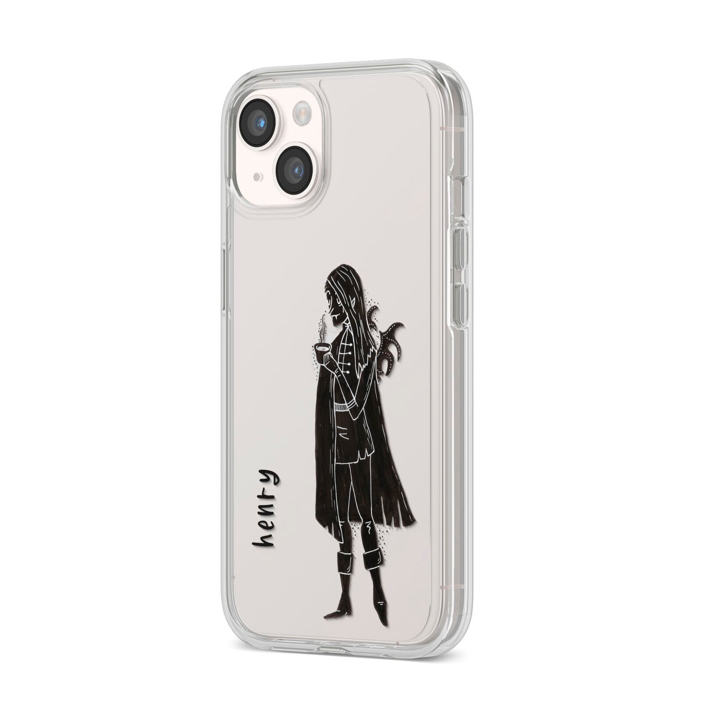 Dark Caped Vamp iPhone 14 Clear Tough Case Starlight Angled Image
