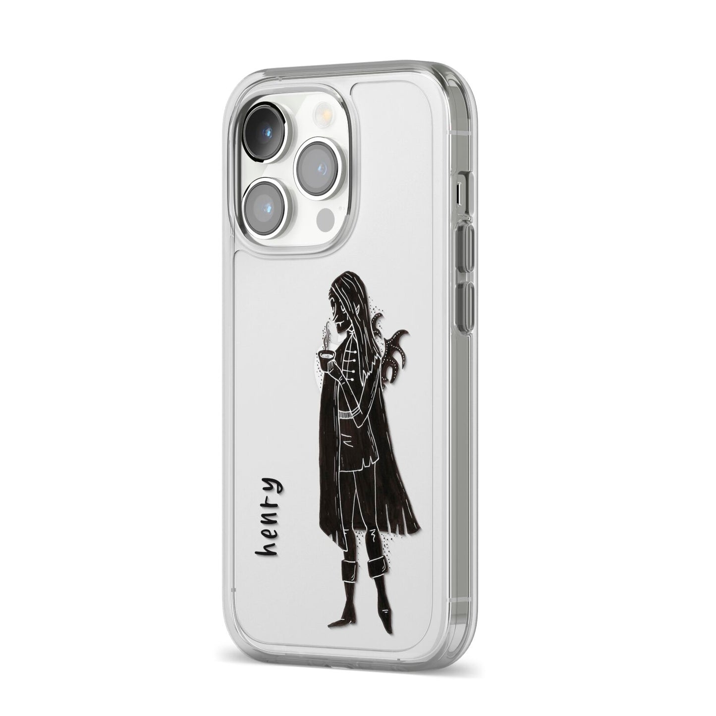 Dark Caped Vamp iPhone 14 Pro Clear Tough Case Silver Angled Image