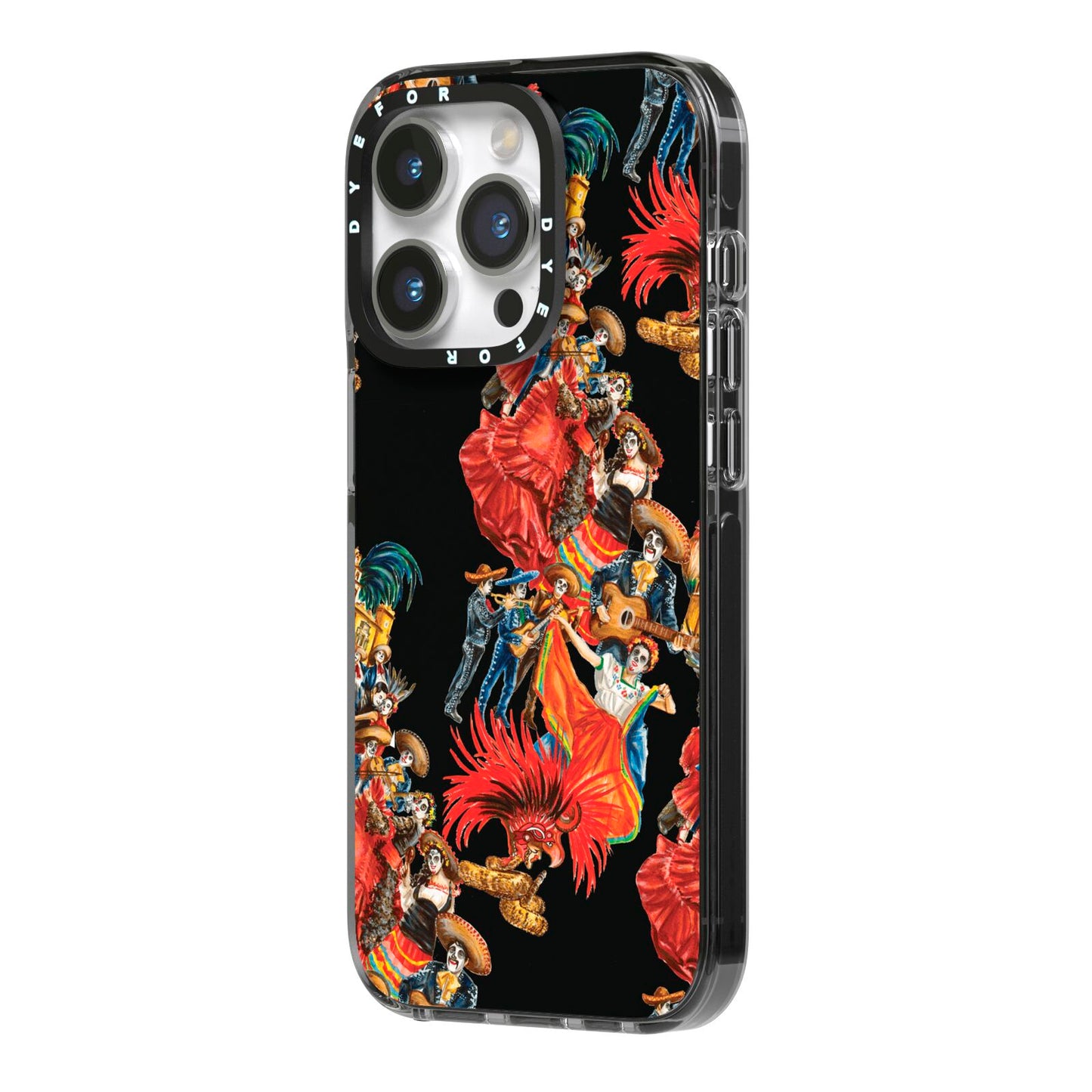 Day of the Dead Festival iPhone 14 Pro Black Impact Case Side Angle on Silver phone