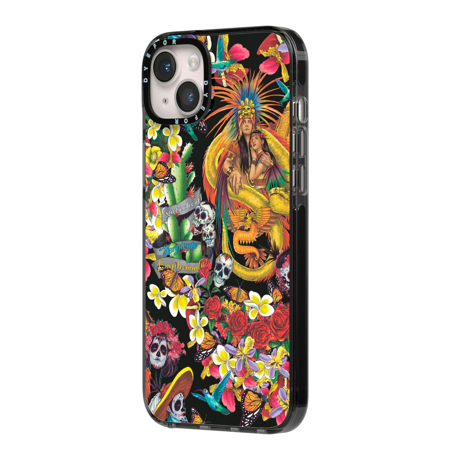 Day of the Dead iPhone 14 Plus Black Impact Case Side Angle on Silver phone