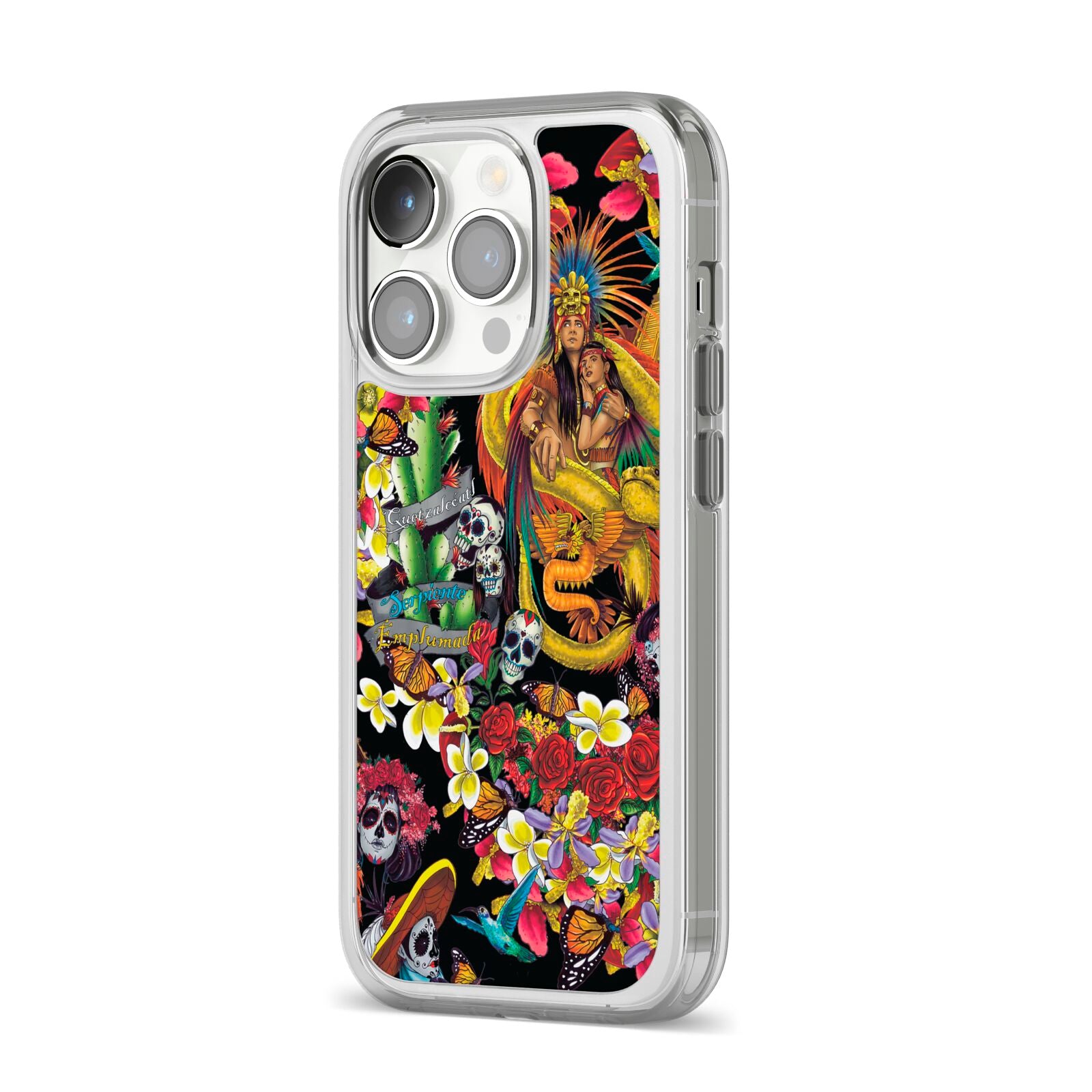Day of the Dead iPhone 14 Pro Clear Tough Case Silver Angled Image