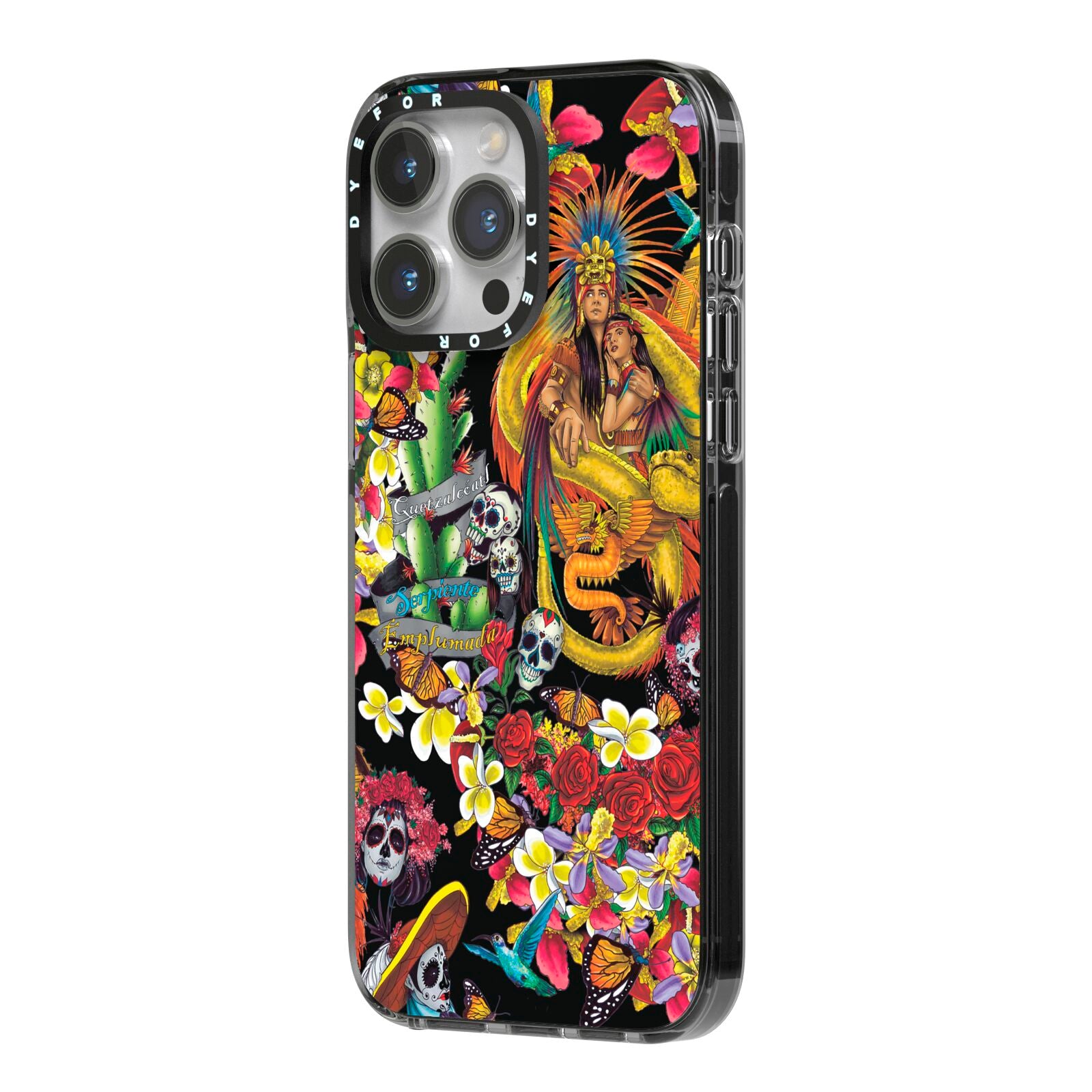 Day of the Dead iPhone 14 Pro Max Black Impact Case Side Angle on Silver phone