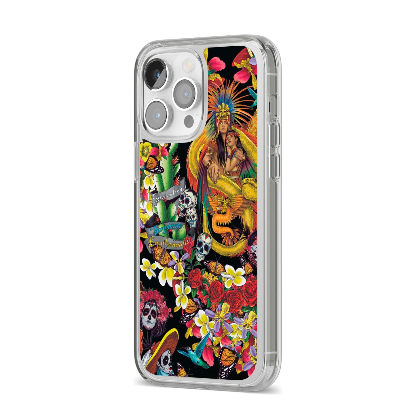 Day of the Dead iPhone 14 Pro Max Clear Tough Case Silver Angled Image