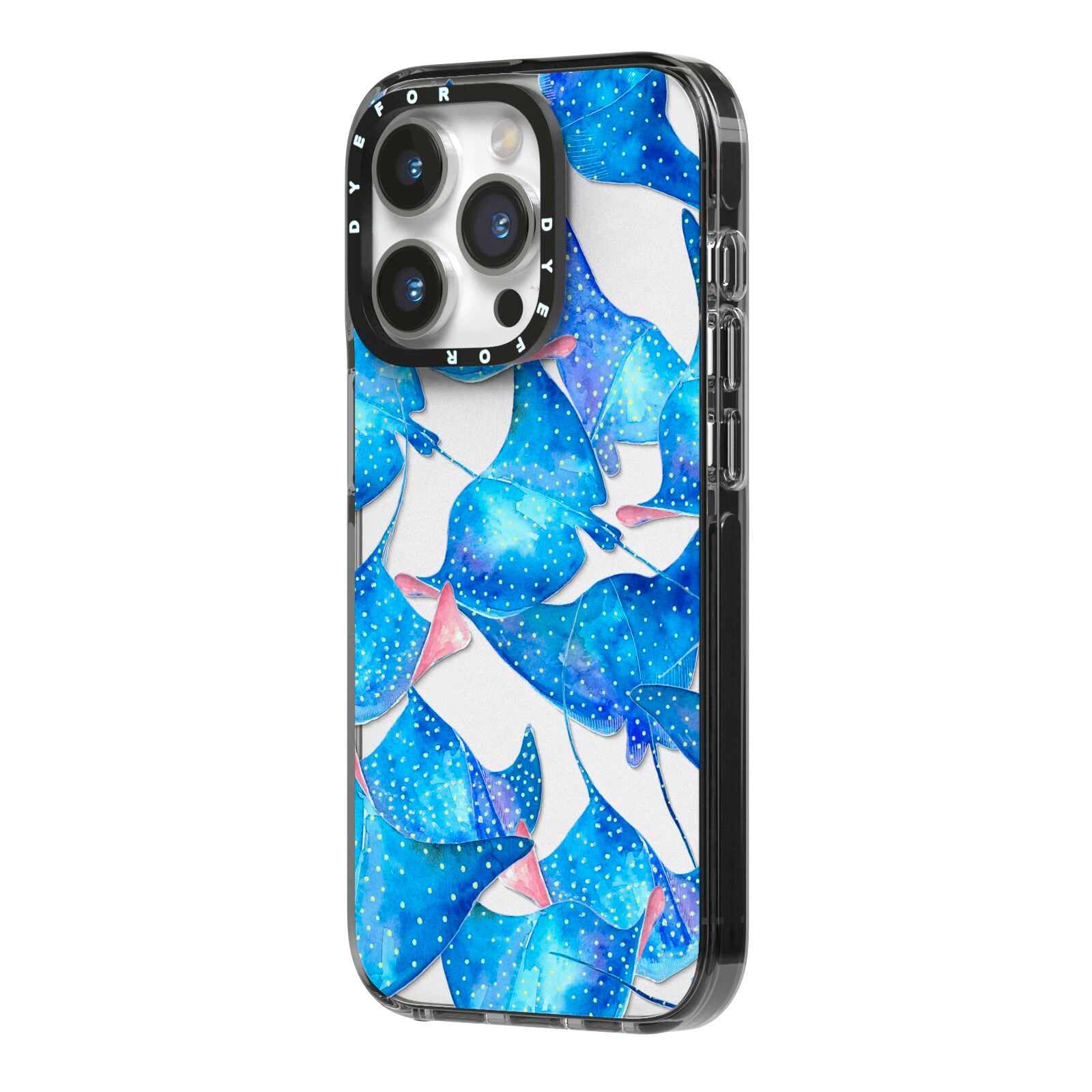 Devil Fish iPhone 14 Pro Black Impact Case Side Angle on Silver phone