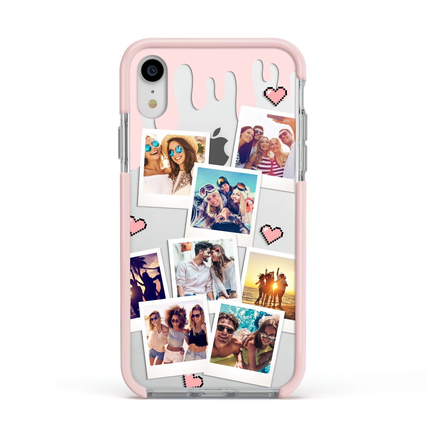 Digital Hearts Photo Upload with Text Apple iPhone XR Impact Case Pink Edge on Silver Phone