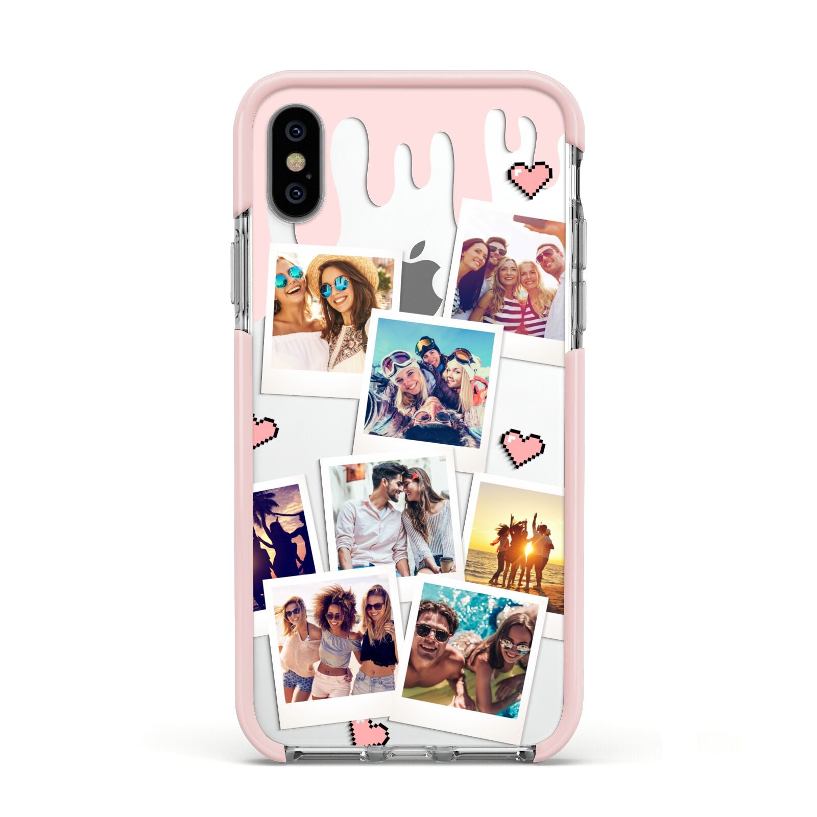 Digital Hearts Photo Upload with Text Apple iPhone Xs Impact Case Pink Edge on Silver Phone