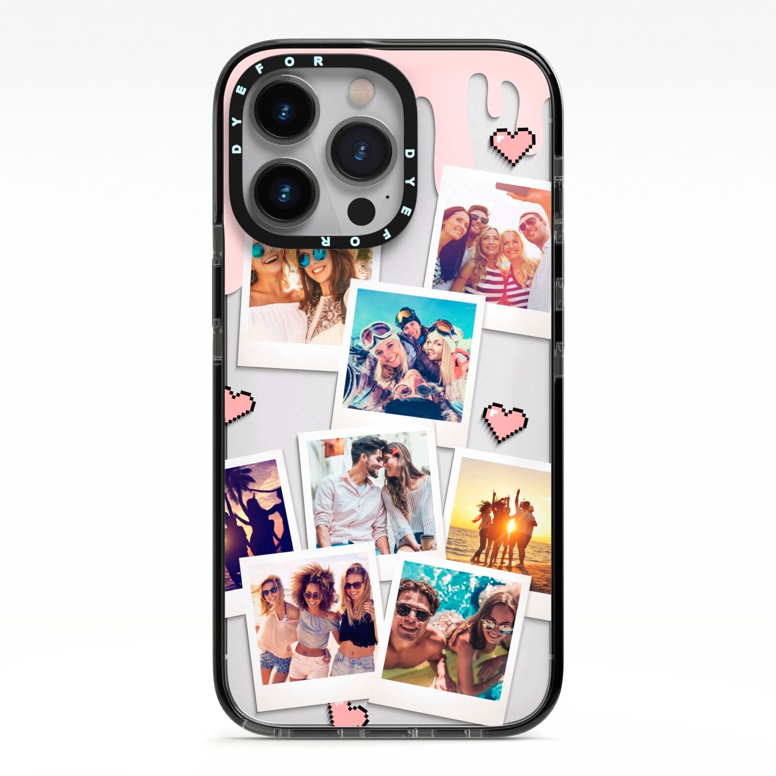 Digital Hearts Photo Upload with Text iPhone 13 Pro Black Impact Case on Silver phone