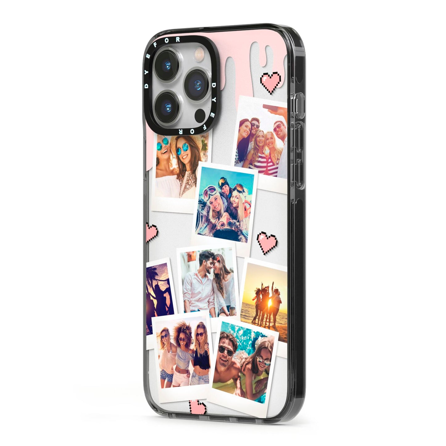 Digital Hearts Photo Upload with Text iPhone 13 Pro Max Black Impact Case Side Angle on Silver phone