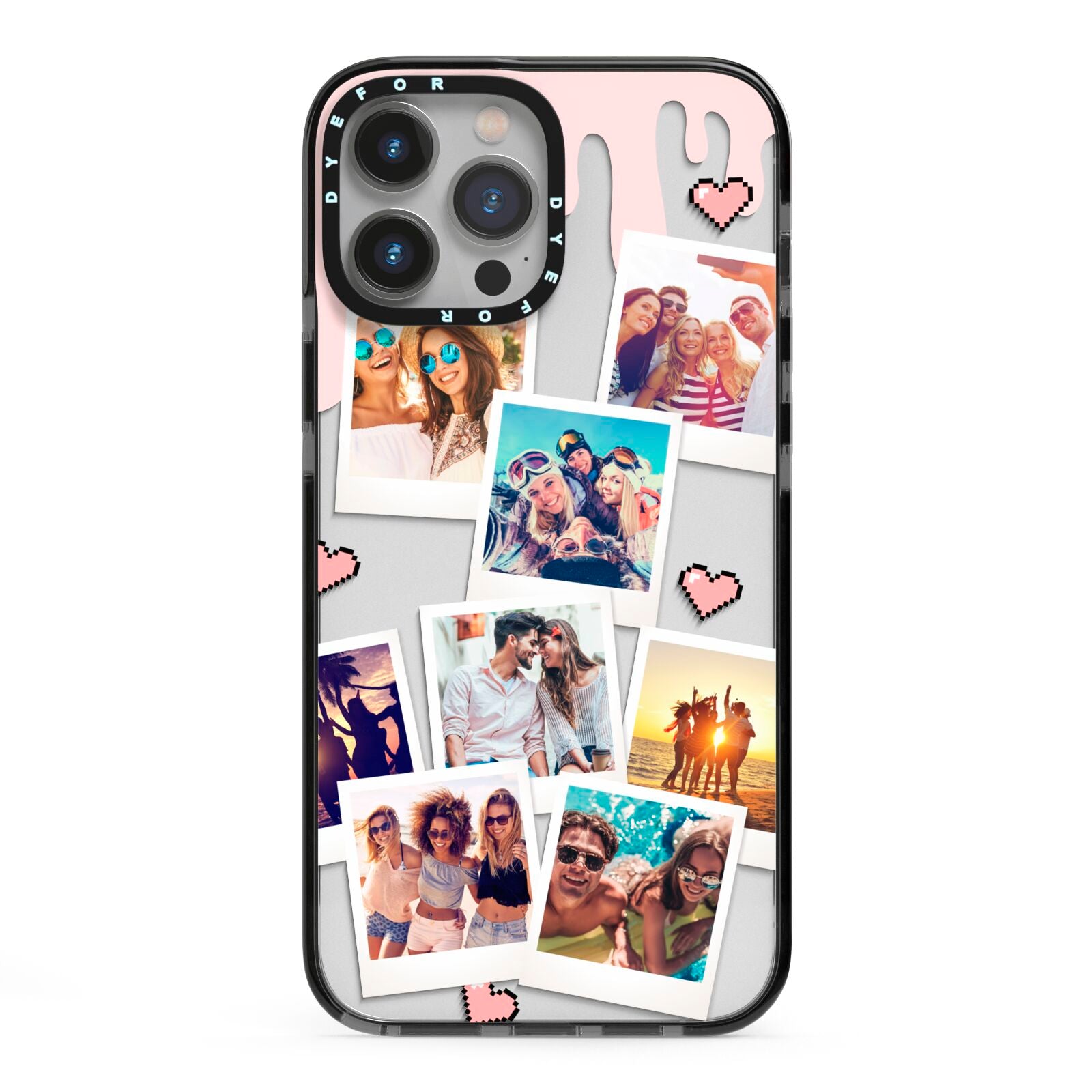 Digital Hearts Photo Upload with Text iPhone 13 Pro Max Black Impact Case on Silver phone