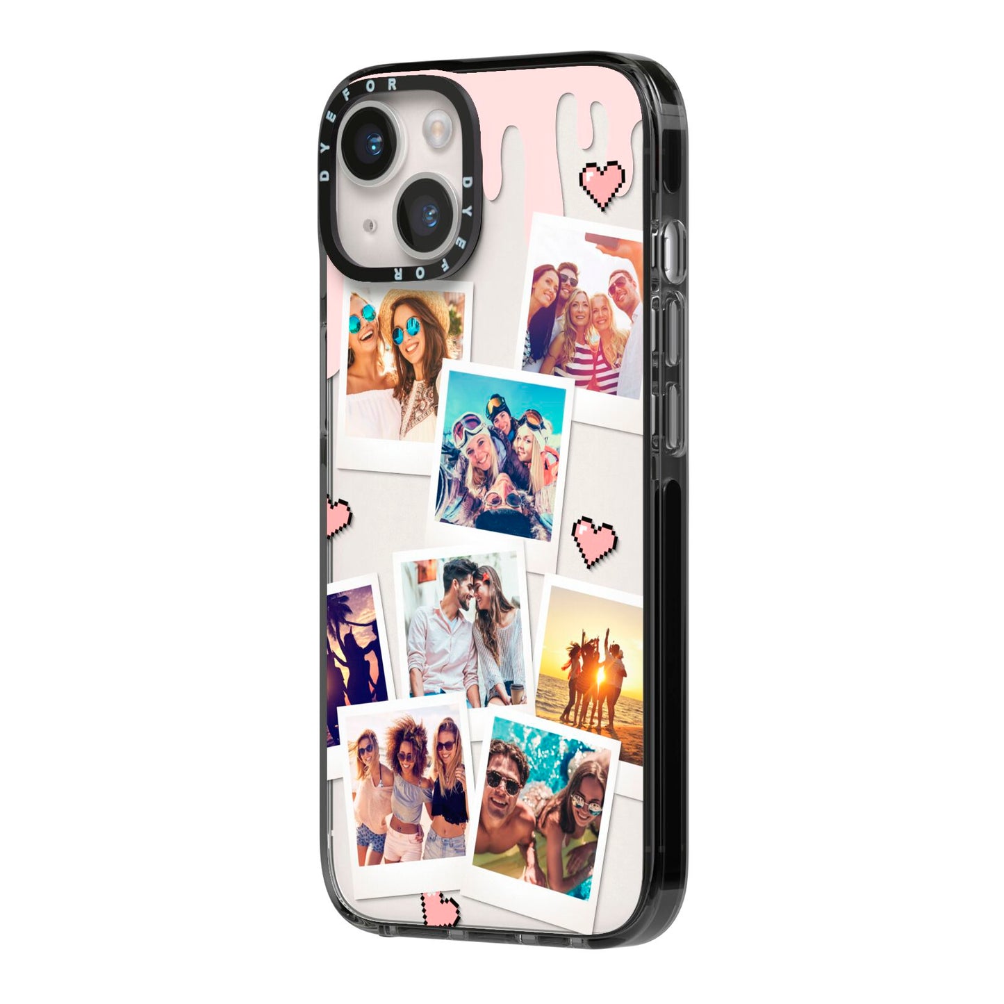 Digital Hearts Photo Upload with Text iPhone 14 Black Impact Case Side Angle on Silver phone