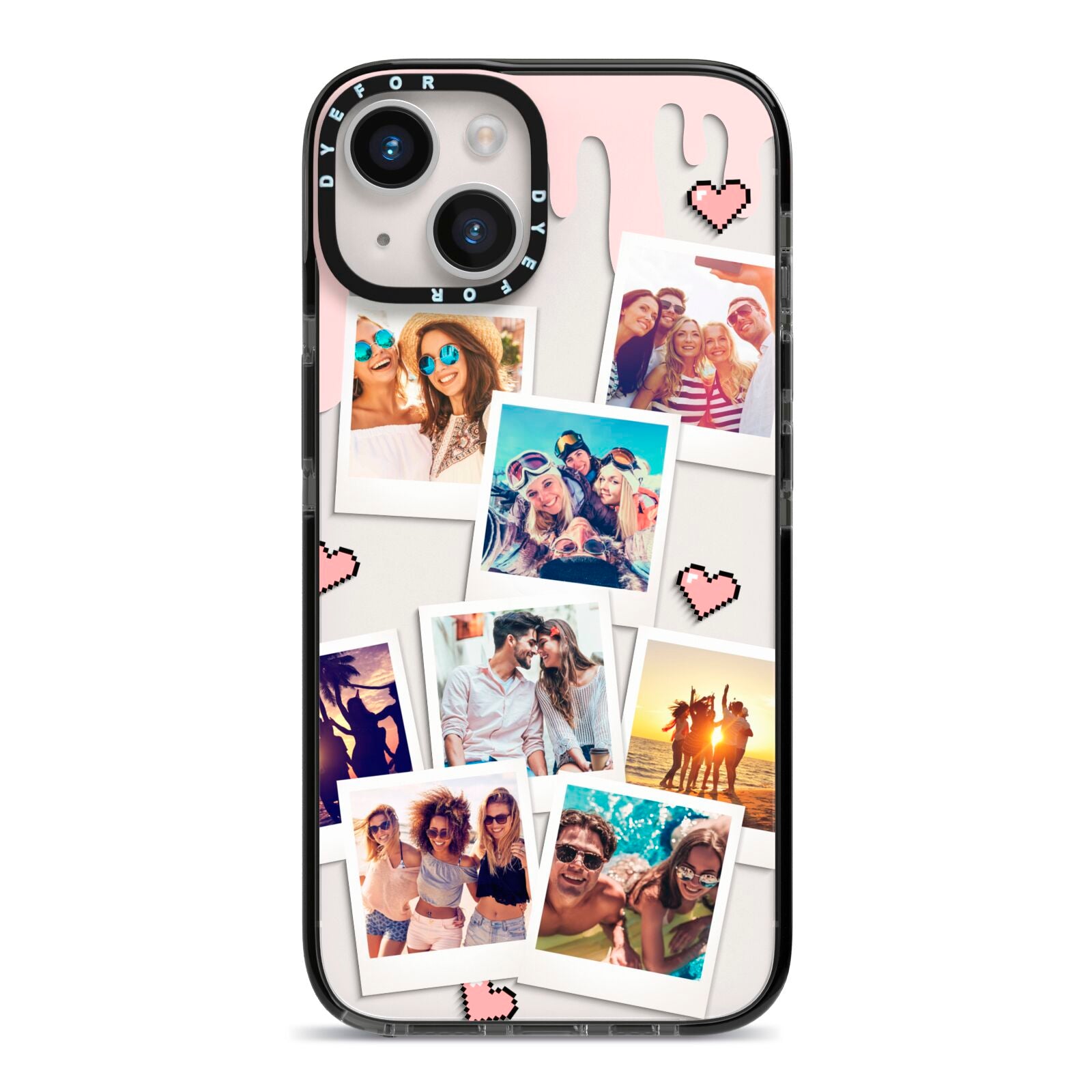 Digital Hearts Photo Upload with Text iPhone 14 Black Impact Case on Silver phone