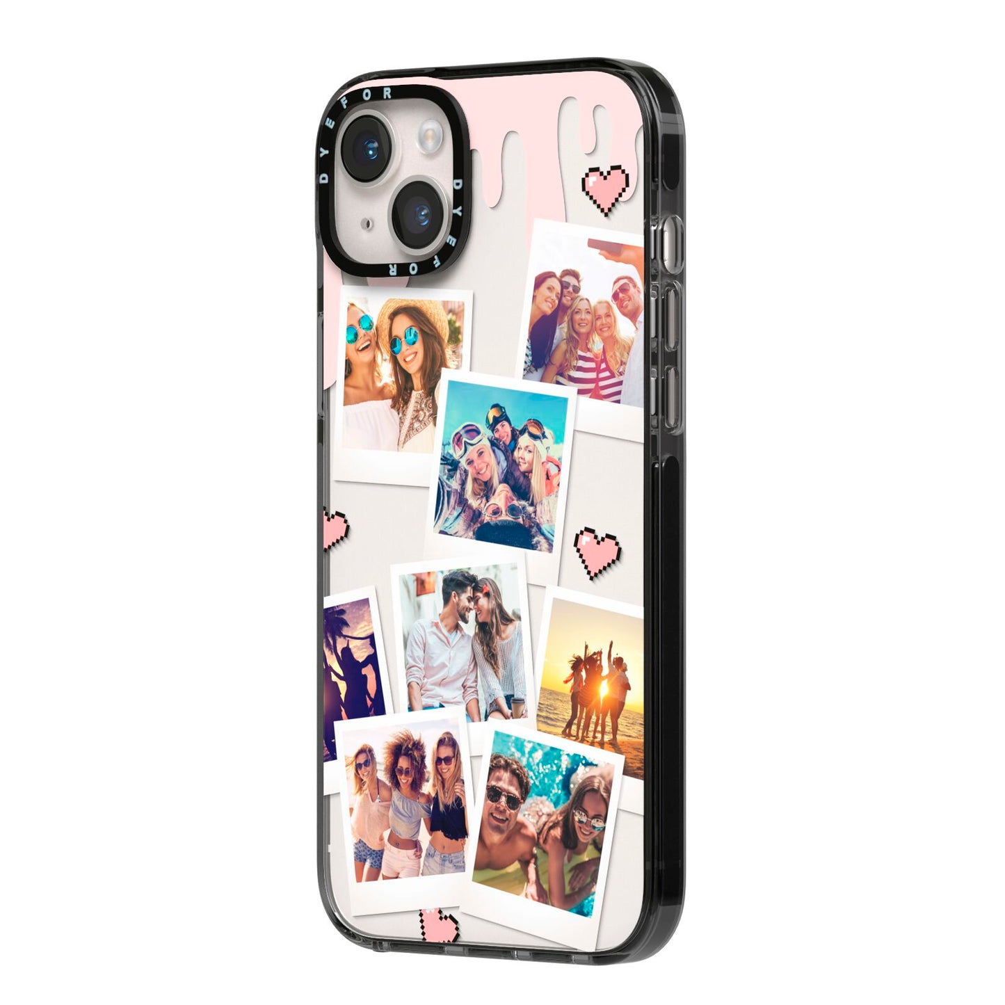 Digital Hearts Photo Upload with Text iPhone 14 Plus Black Impact Case Side Angle on Silver phone