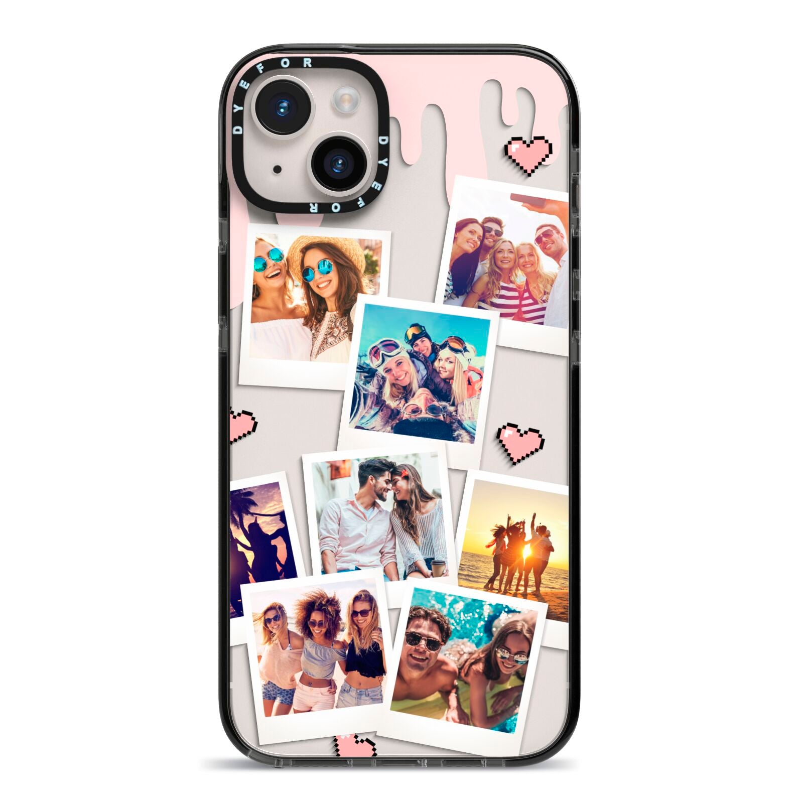 Digital Hearts Photo Upload with Text iPhone 14 Plus Black Impact Case on Silver phone