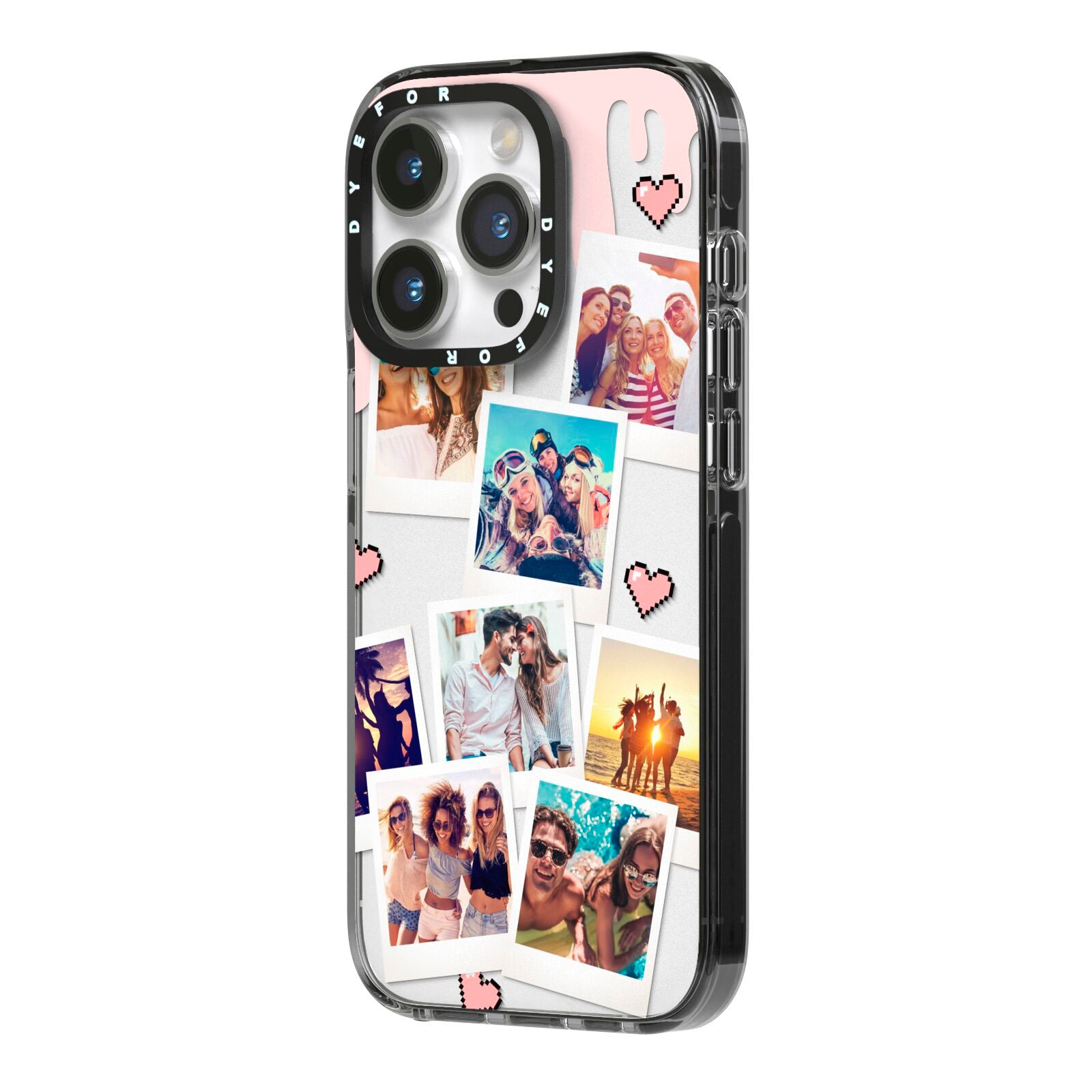 Digital Hearts Photo Upload with Text iPhone 14 Pro Black Impact Case Side Angle on Silver phone