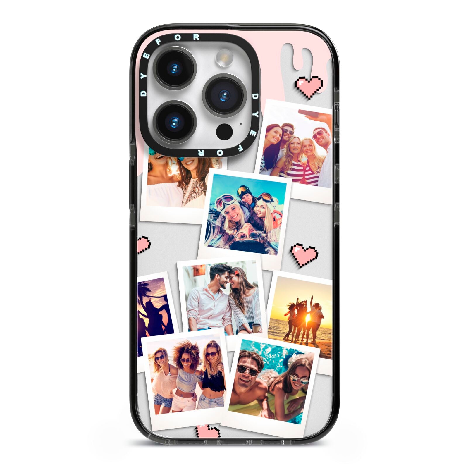 Digital Hearts Photo Upload with Text iPhone 14 Pro Black Impact Case on Silver phone
