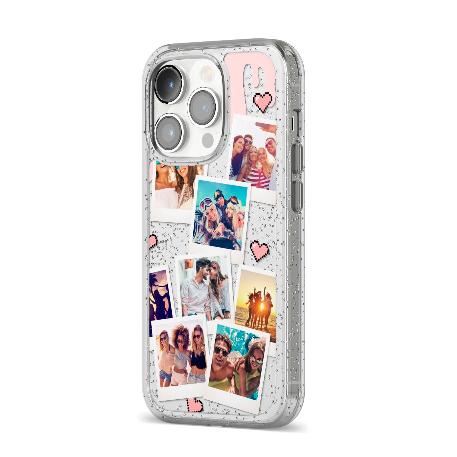 Digital Hearts Photo Upload with Text iPhone 14 Pro Glitter Tough Case Silver Angled Image