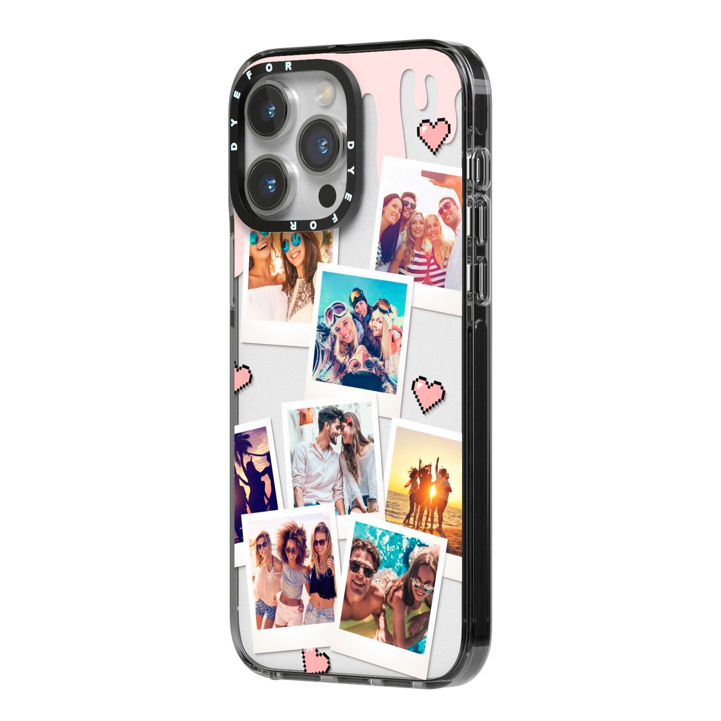 Digital Hearts Photo Upload with Text iPhone 14 Pro Max Black Impact Case Side Angle on Silver phone