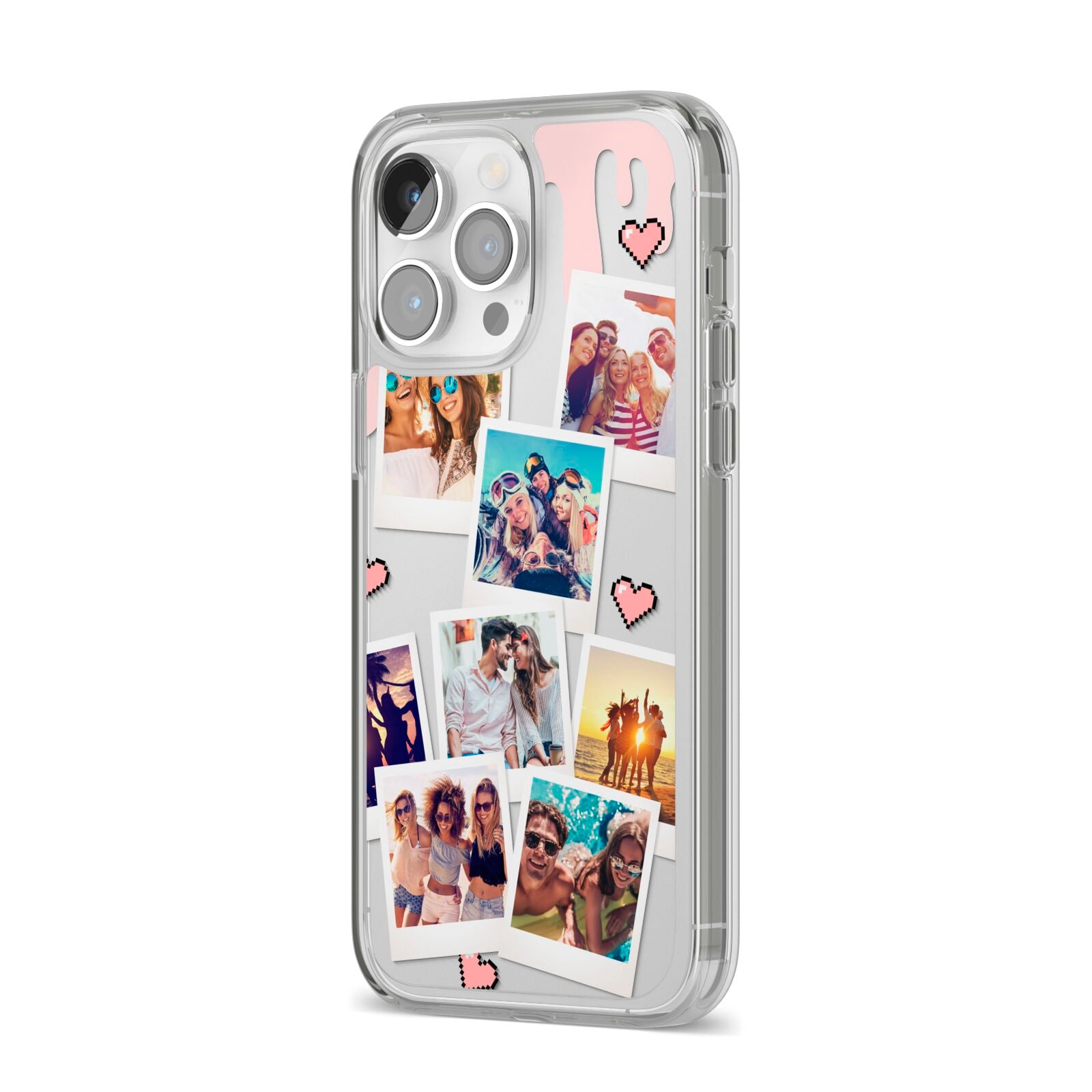 Digital Hearts Photo Upload with Text iPhone 14 Pro Max Clear Tough Case Silver Angled Image