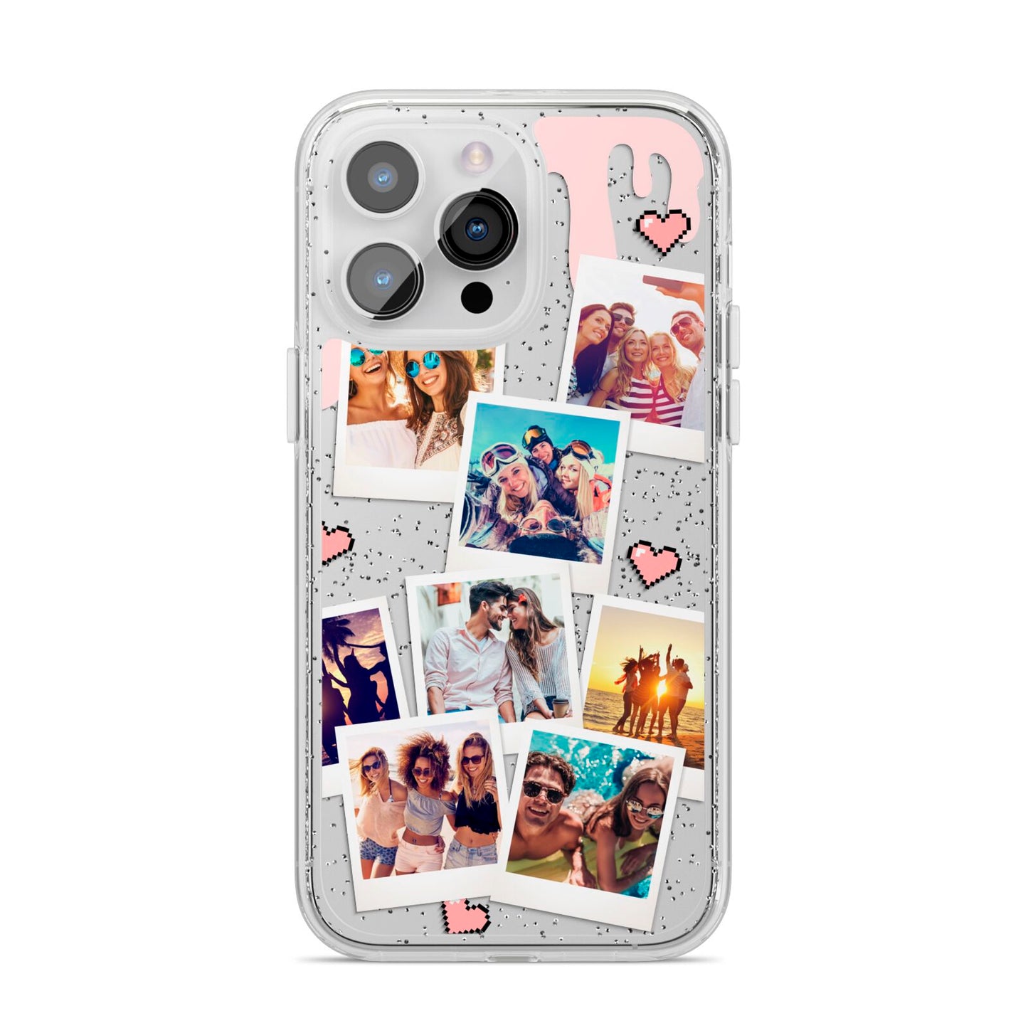 Digital Hearts Photo Upload with Text iPhone 14 Pro Max Glitter Tough Case Silver