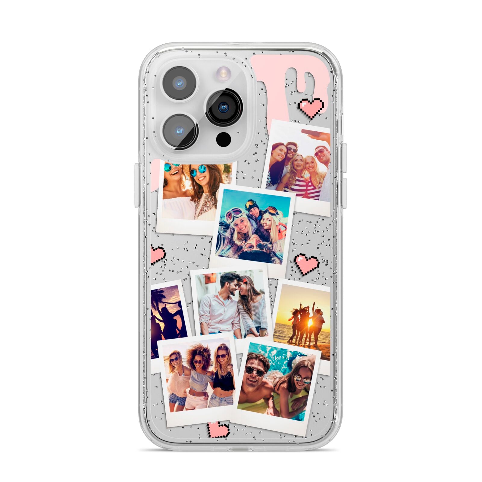 Digital Hearts Photo Upload with Text iPhone 14 Pro Max Glitter Tough Case Silver