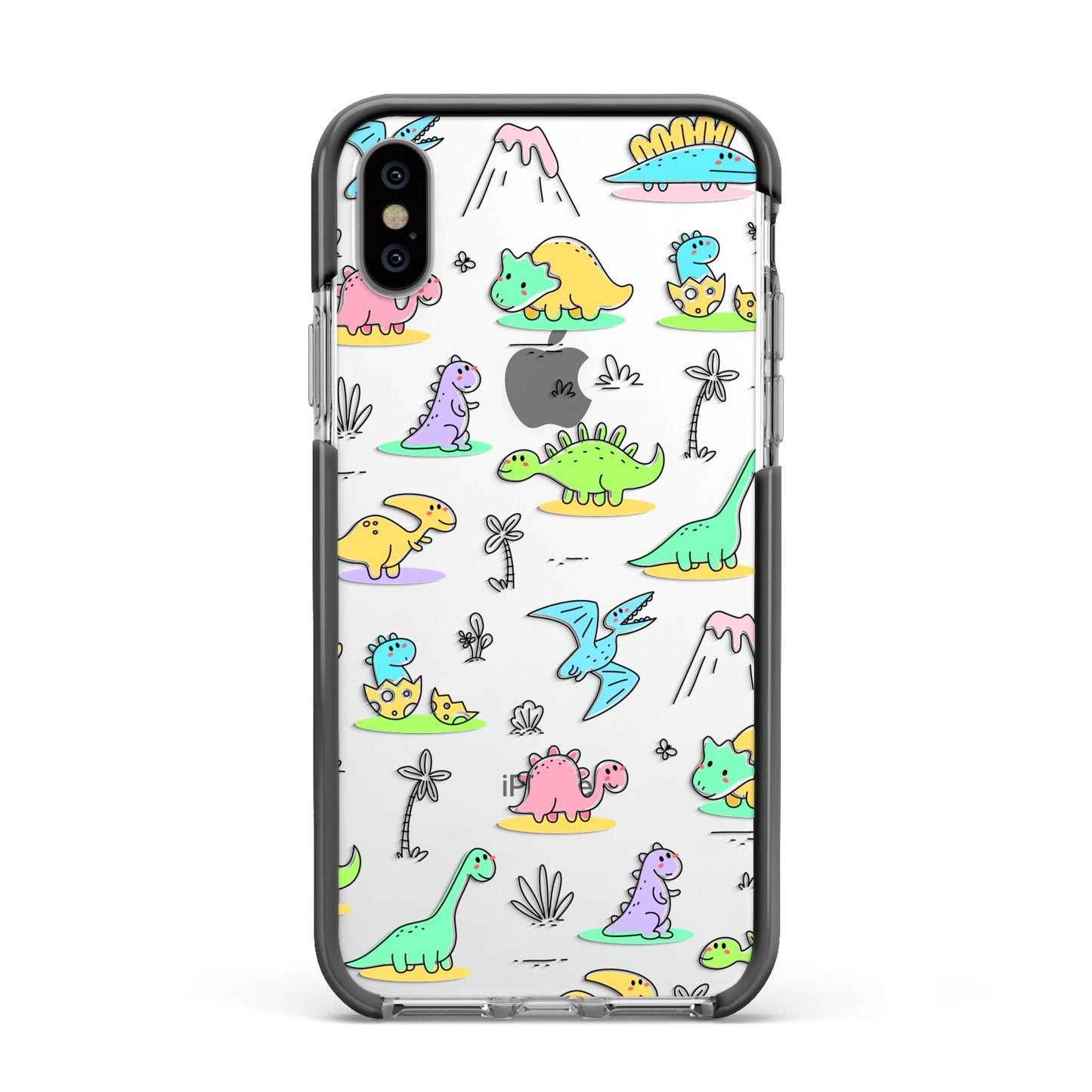 Dinosaur Apple iPhone Xs Impact Case Black Edge on Silver Phone