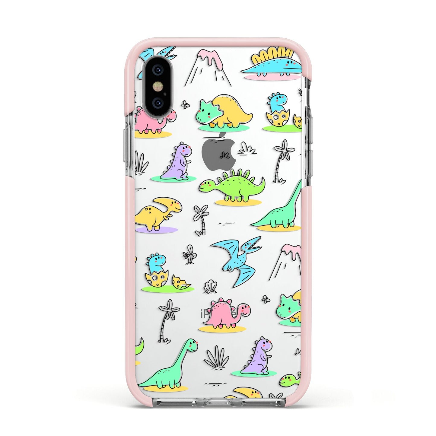 Dinosaur Apple iPhone Xs Impact Case Pink Edge on Silver Phone
