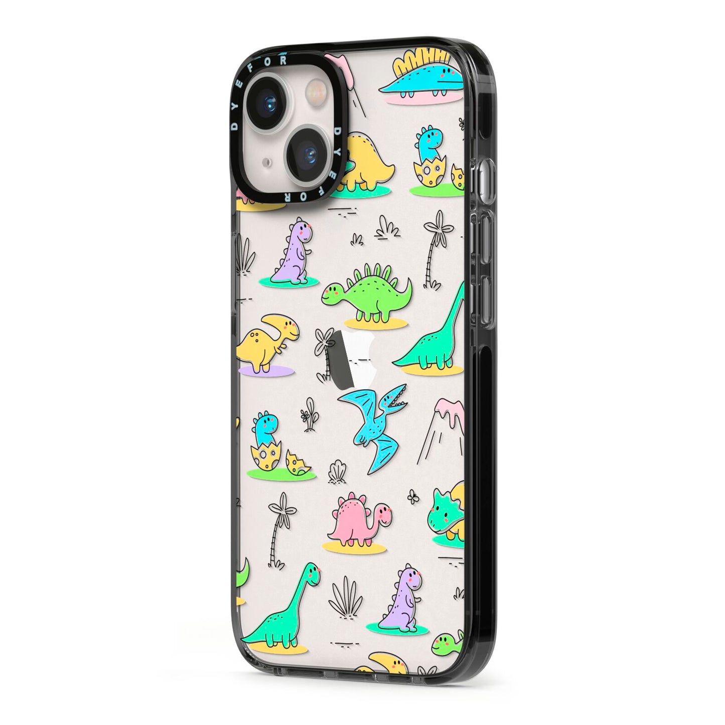 Dinosaur iPhone 13 Black Impact Case Side Angle on Silver phone