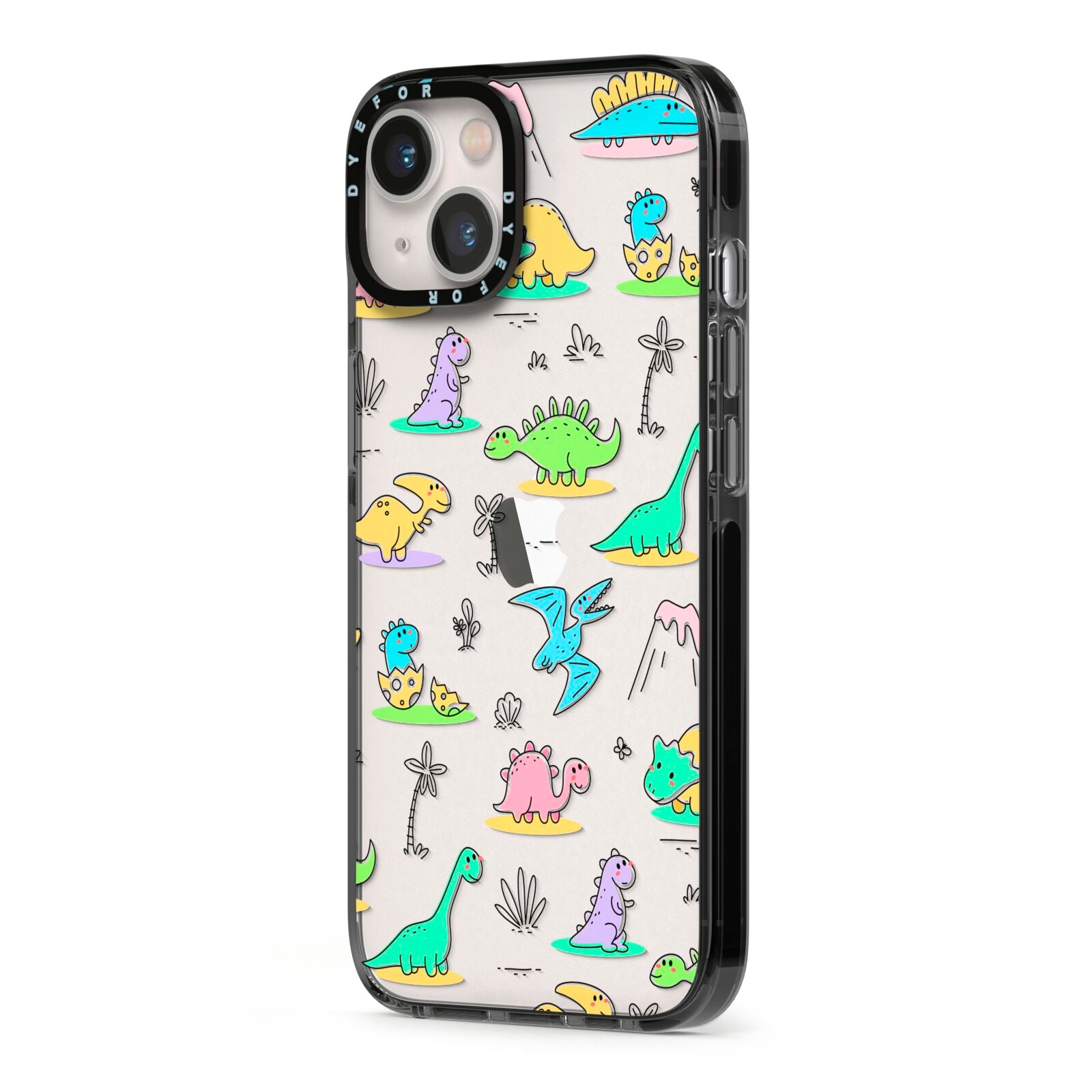 Dinosaur iPhone 13 Black Impact Case Side Angle on Silver phone