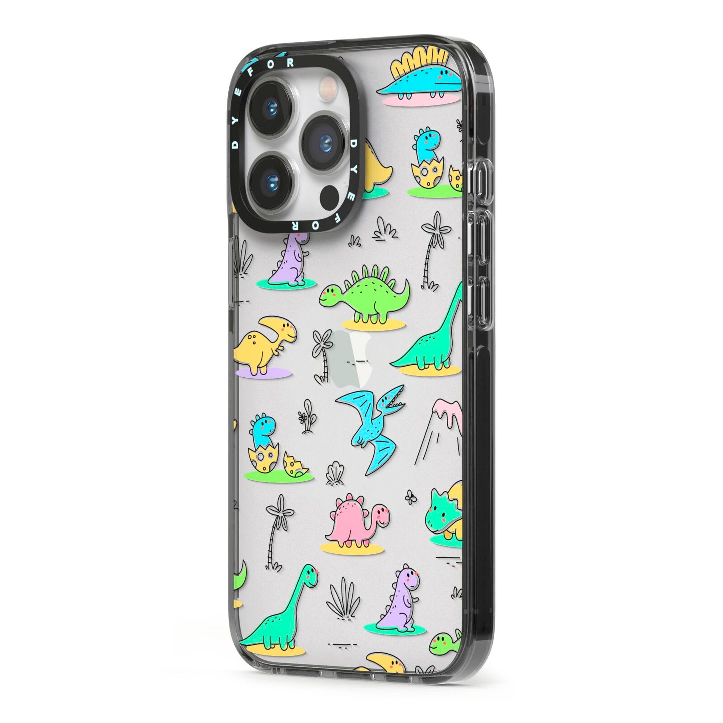 Dinosaur iPhone 13 Pro Black Impact Case Side Angle on Silver phone