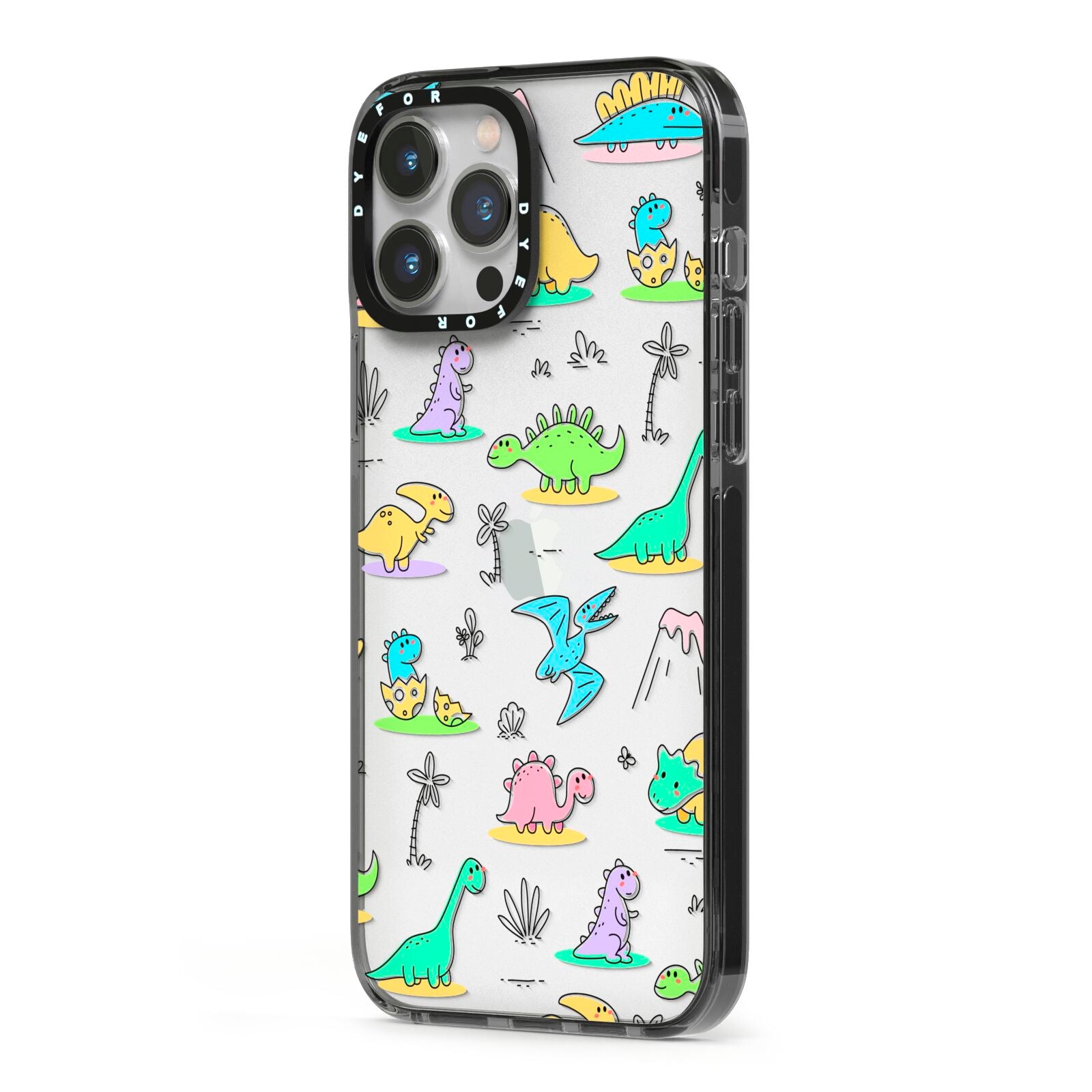 Dinosaur iPhone 13 Pro Max Black Impact Case Side Angle on Silver phone