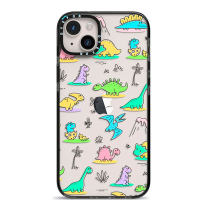 Dinosaur iPhone 14 Plus Black Impact Case on Silver phone