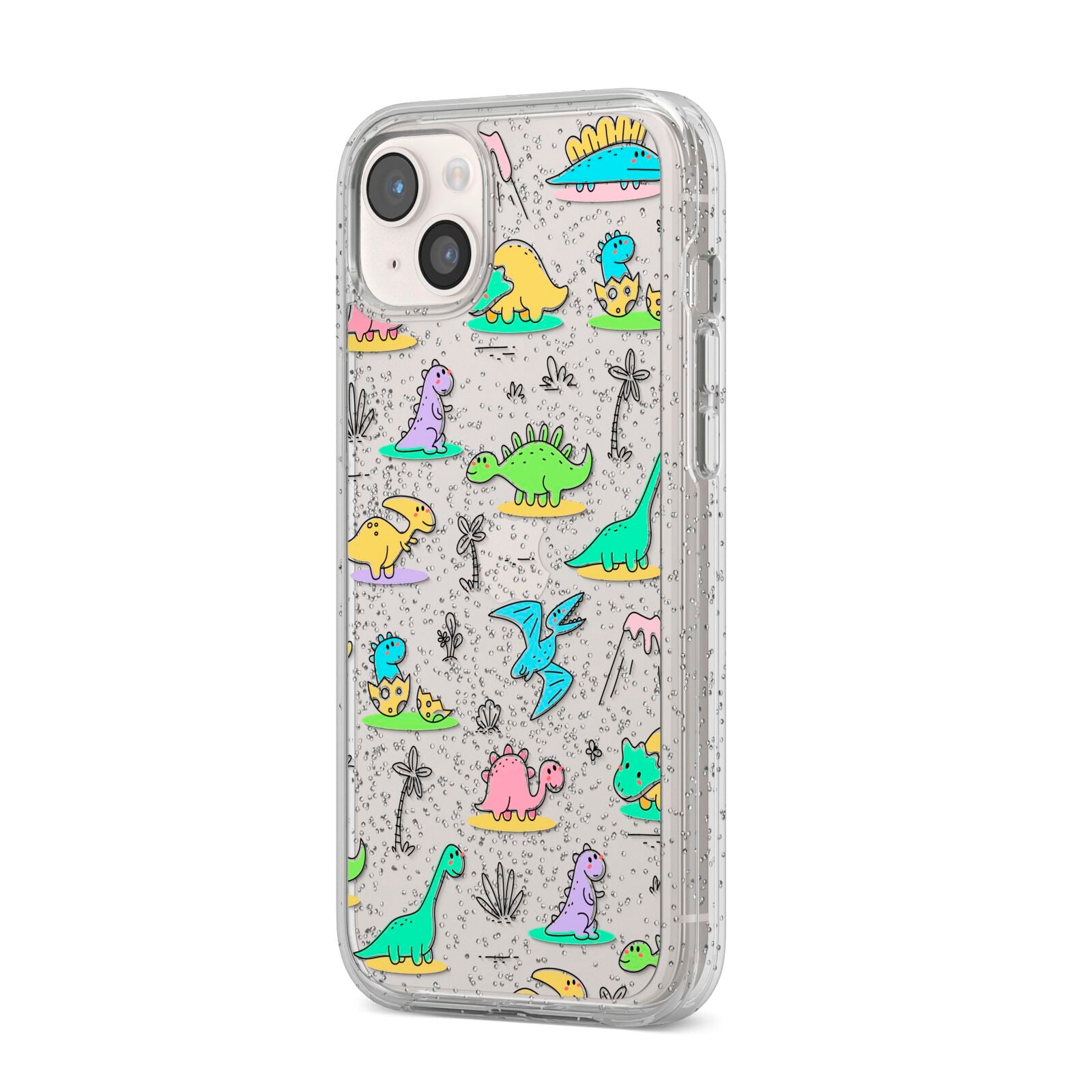 Dinosaur iPhone 14 Plus Glitter Tough Case Starlight Angled Image