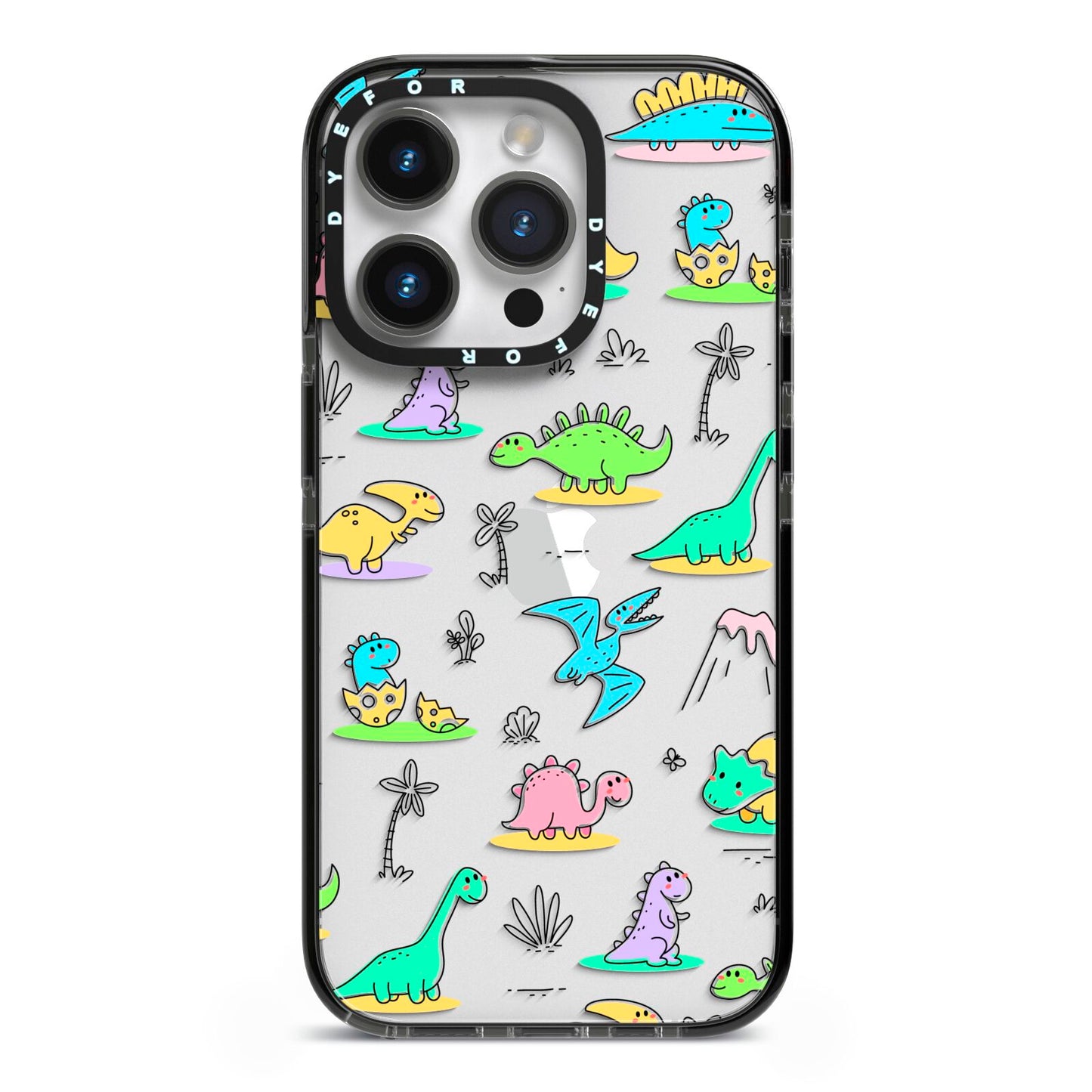 Dinosaur iPhone 14 Pro Black Impact Case on Silver phone