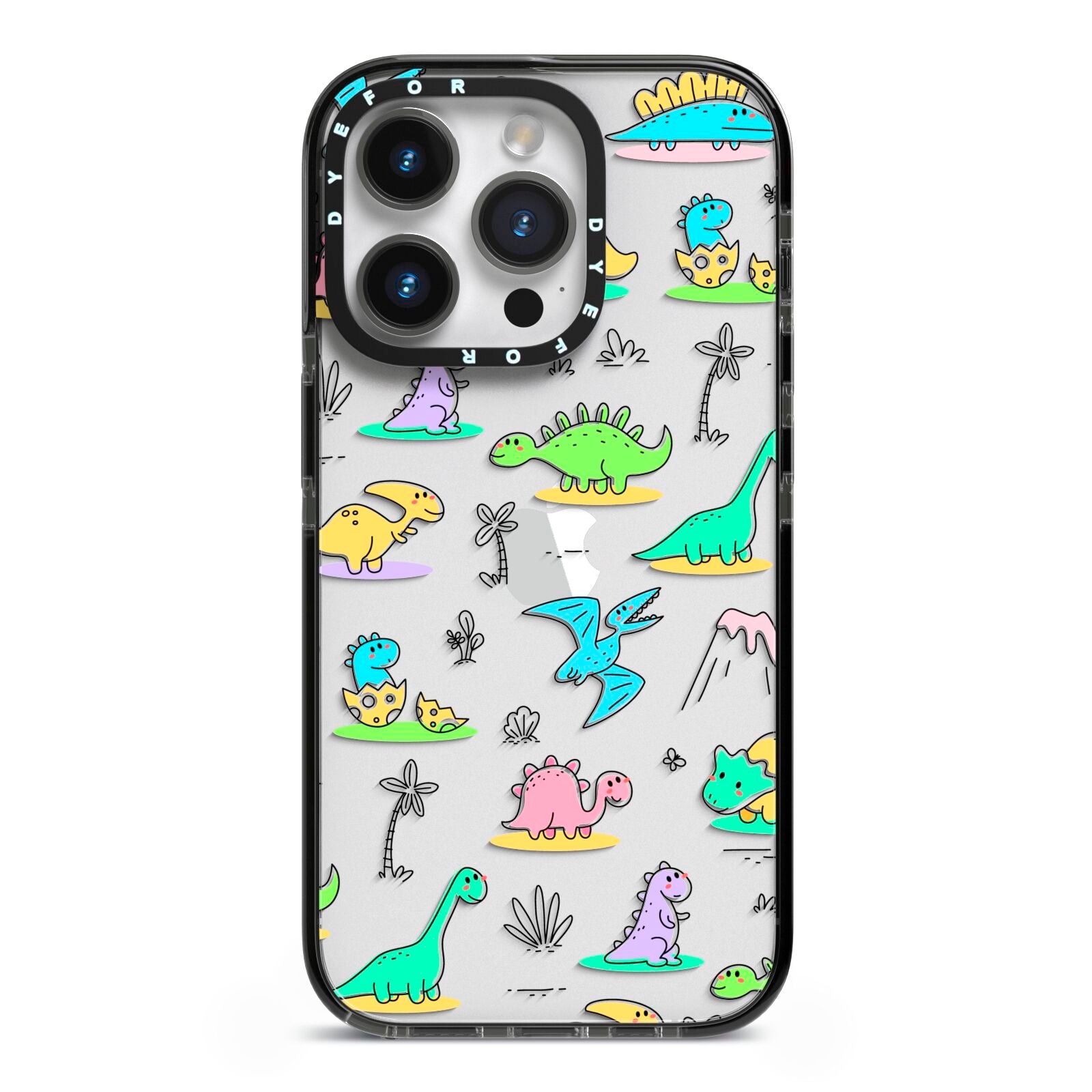 Dinosaur iPhone 14 Pro Black Impact Case on Silver phone