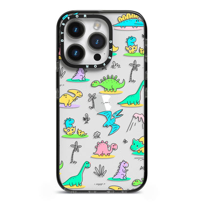 Dinosaur iPhone 14 Pro Black Impact Case on Silver phone