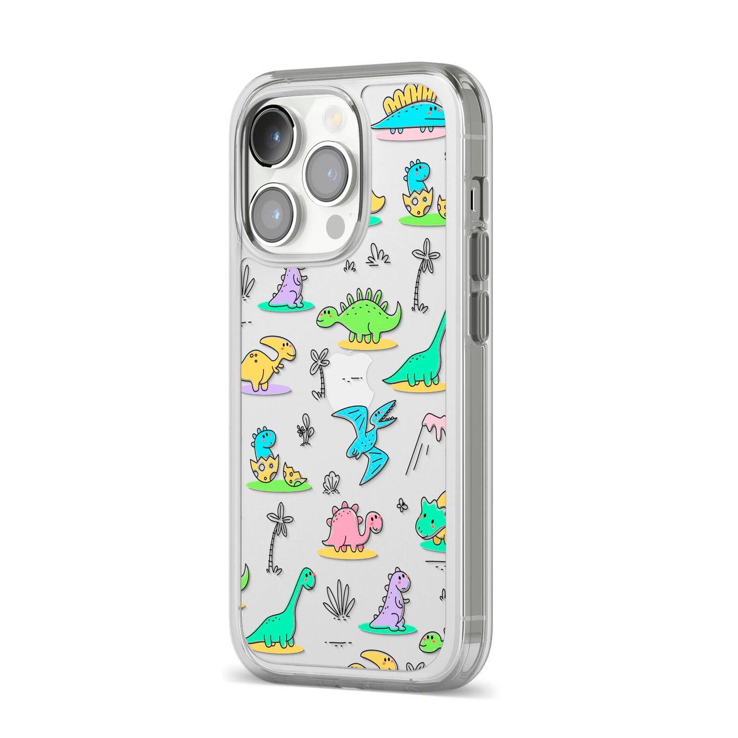 Dinosaur iPhone 14 Pro Clear Tough Case Silver Angled Image