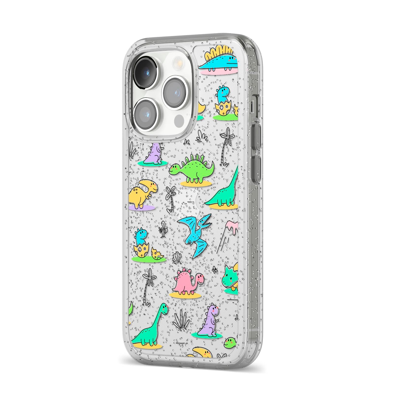 Dinosaur iPhone 14 Pro Glitter Tough Case Silver Angled Image