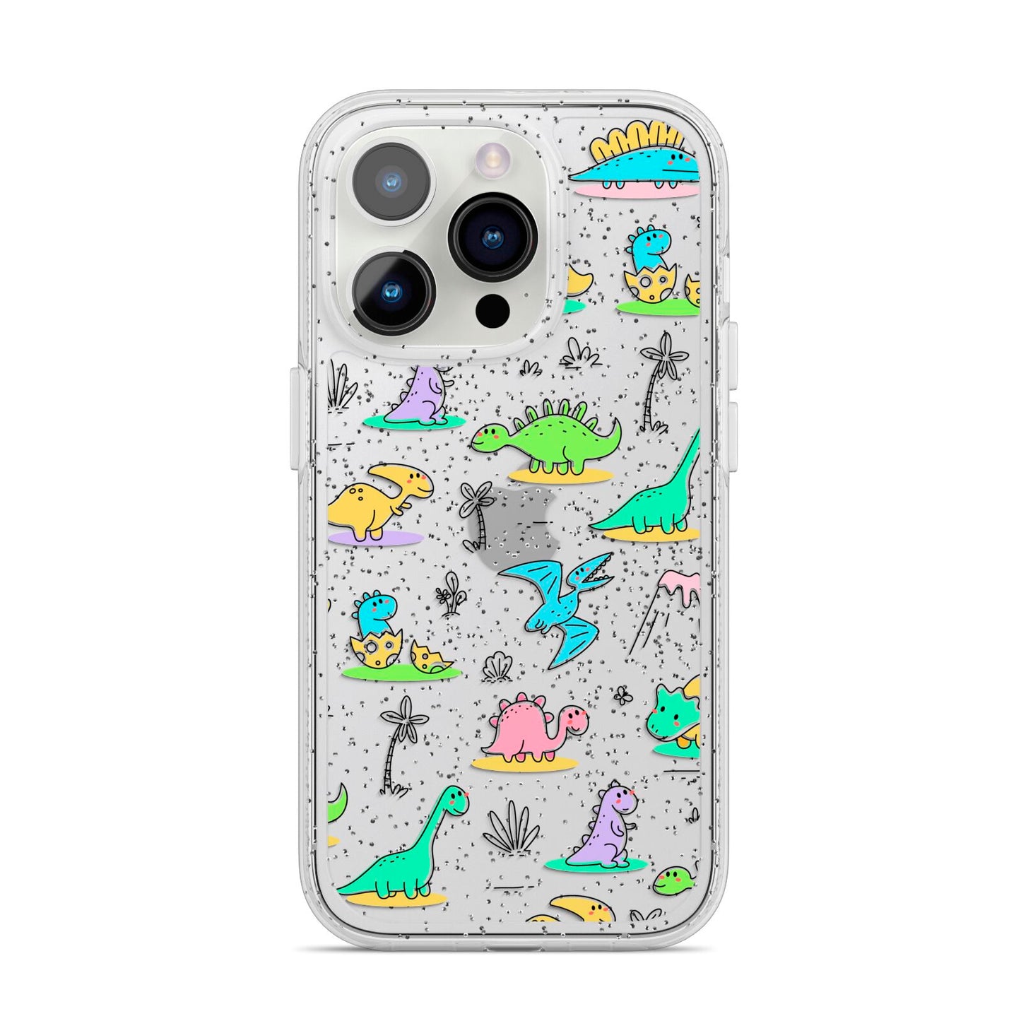 Dinosaur iPhone 14 Pro Glitter Tough Case Silver