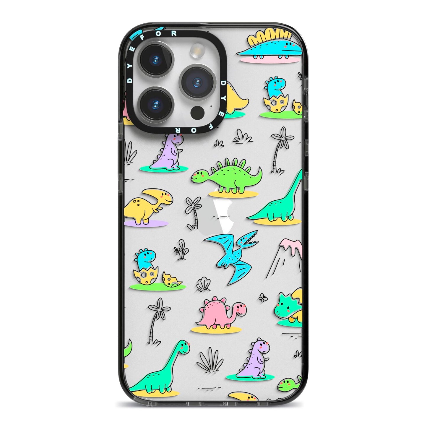 Dinosaur iPhone 14 Pro Max Black Impact Case on Silver phone