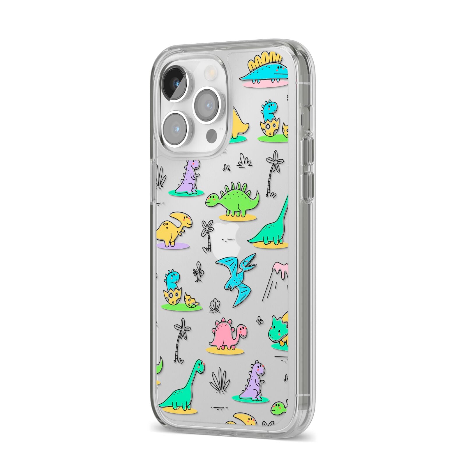 Dinosaur iPhone 14 Pro Max Clear Tough Case Silver Angled Image