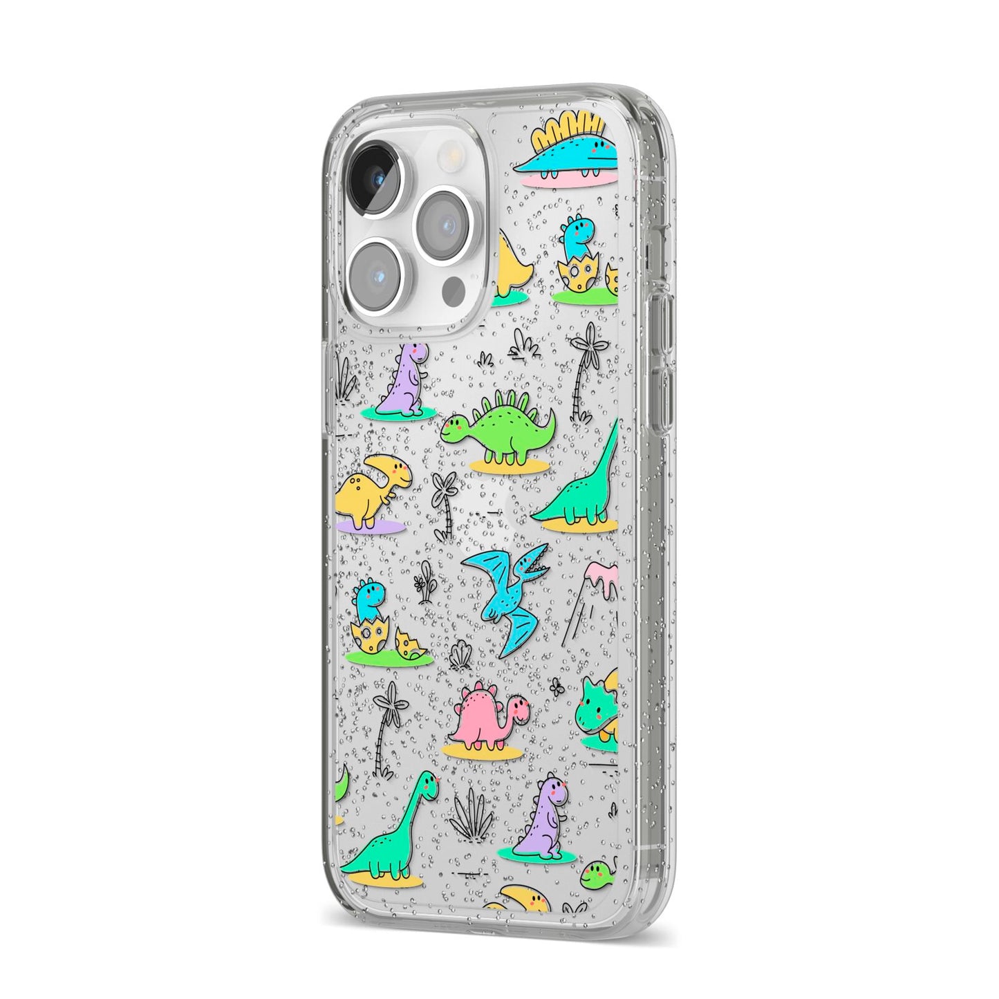 Dinosaur iPhone 14 Pro Max Glitter Tough Case Silver Angled Image