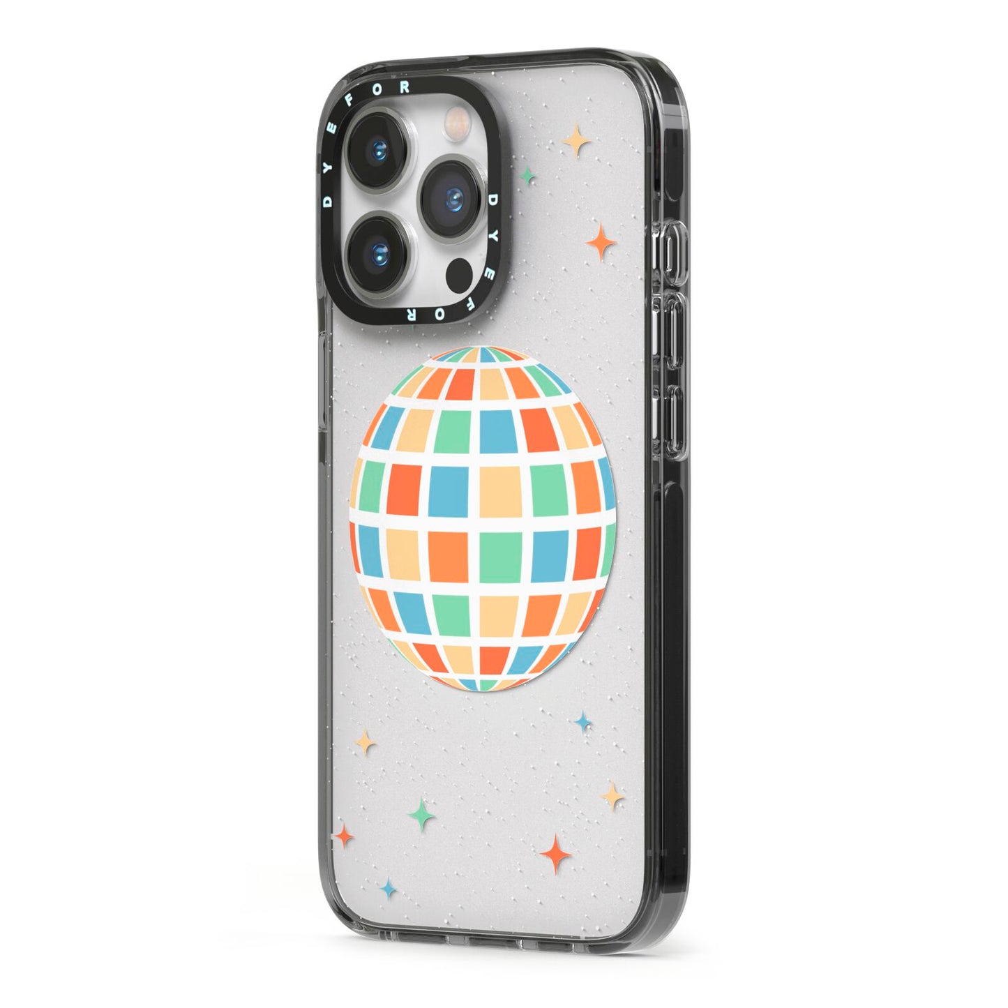 Disco Ball iPhone 13 Pro Black Impact Case Side Angle on Silver phone