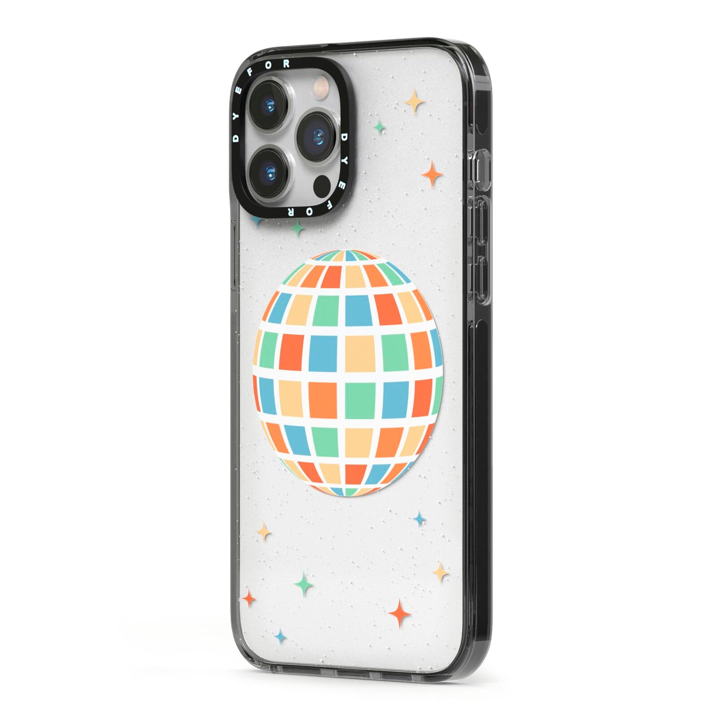 Disco Ball iPhone 13 Pro Max Black Impact Case Side Angle on Silver phone