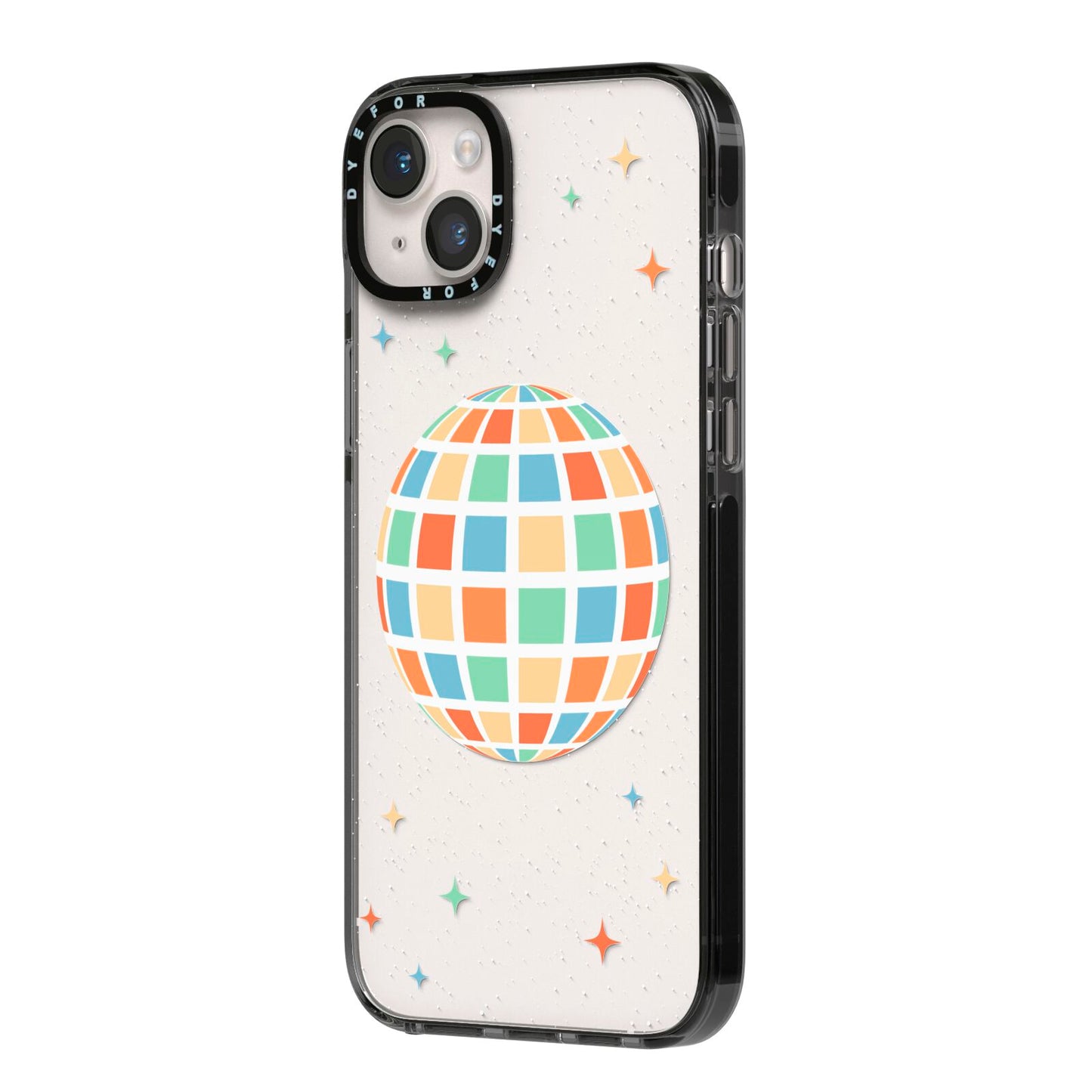 Disco Ball iPhone 14 Plus Black Impact Case Side Angle on Silver phone